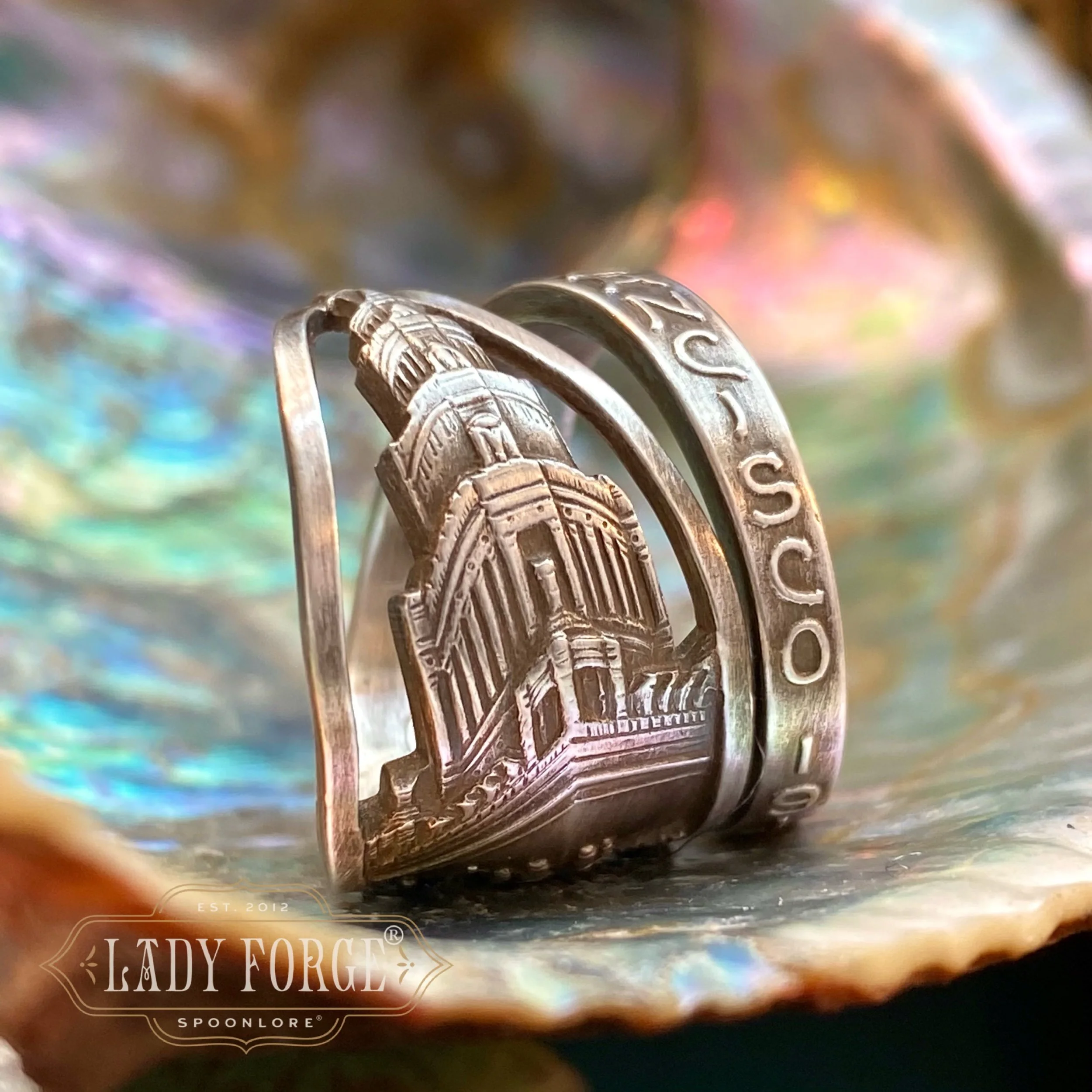 1915 Tower of Jewelry San Francisco Worlds Fair Sterling Spoon Ring - LadyForge Jewelry