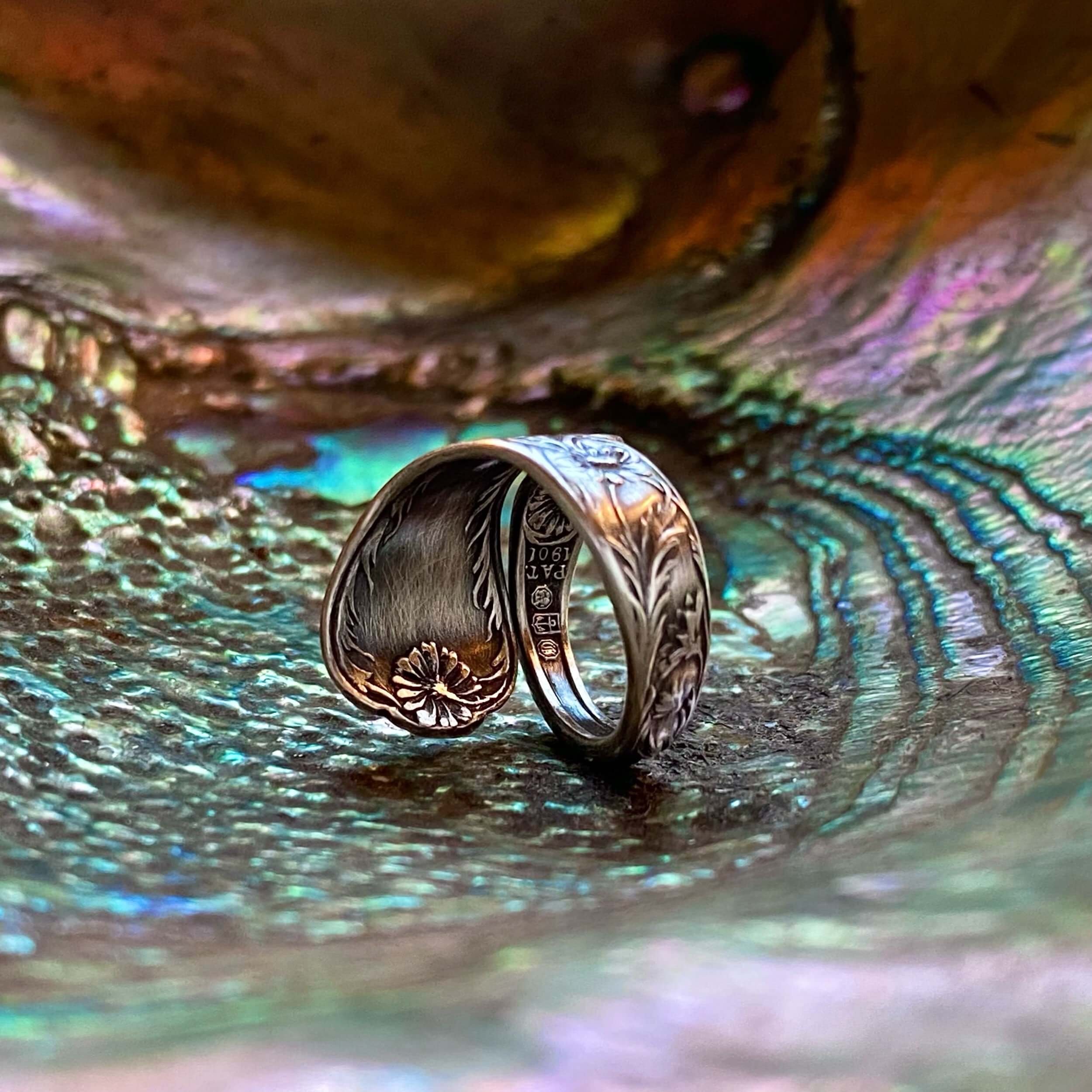 1901 Dainty Daisy Monogram S Sterling Spoon Ring - LadyForge Jewelry