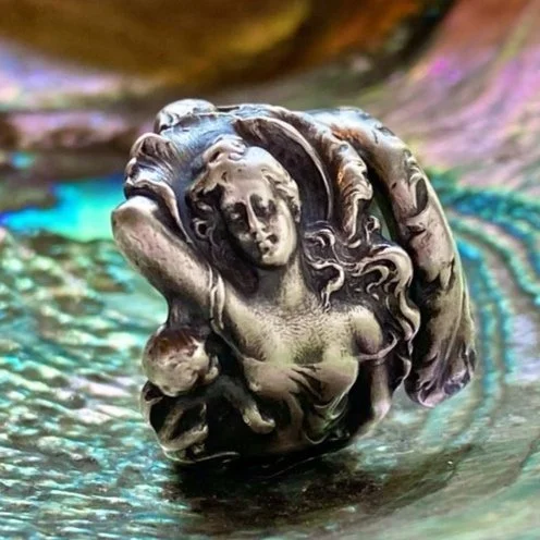 Sterling Spoon Ring - Love disarmed pattern Female Figure Spoon Ring by Lady Forge