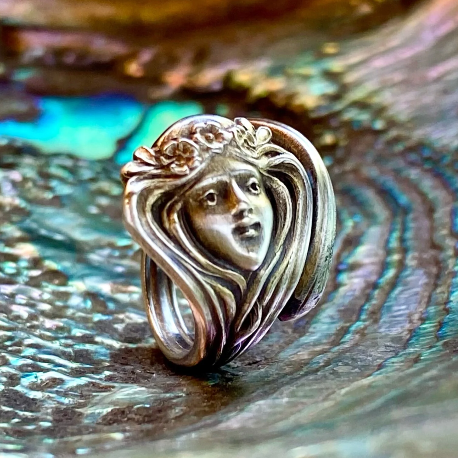 Sterling Spoon Ring - 1880s Dainty Crowned Maiden - Dainty Size 2-4