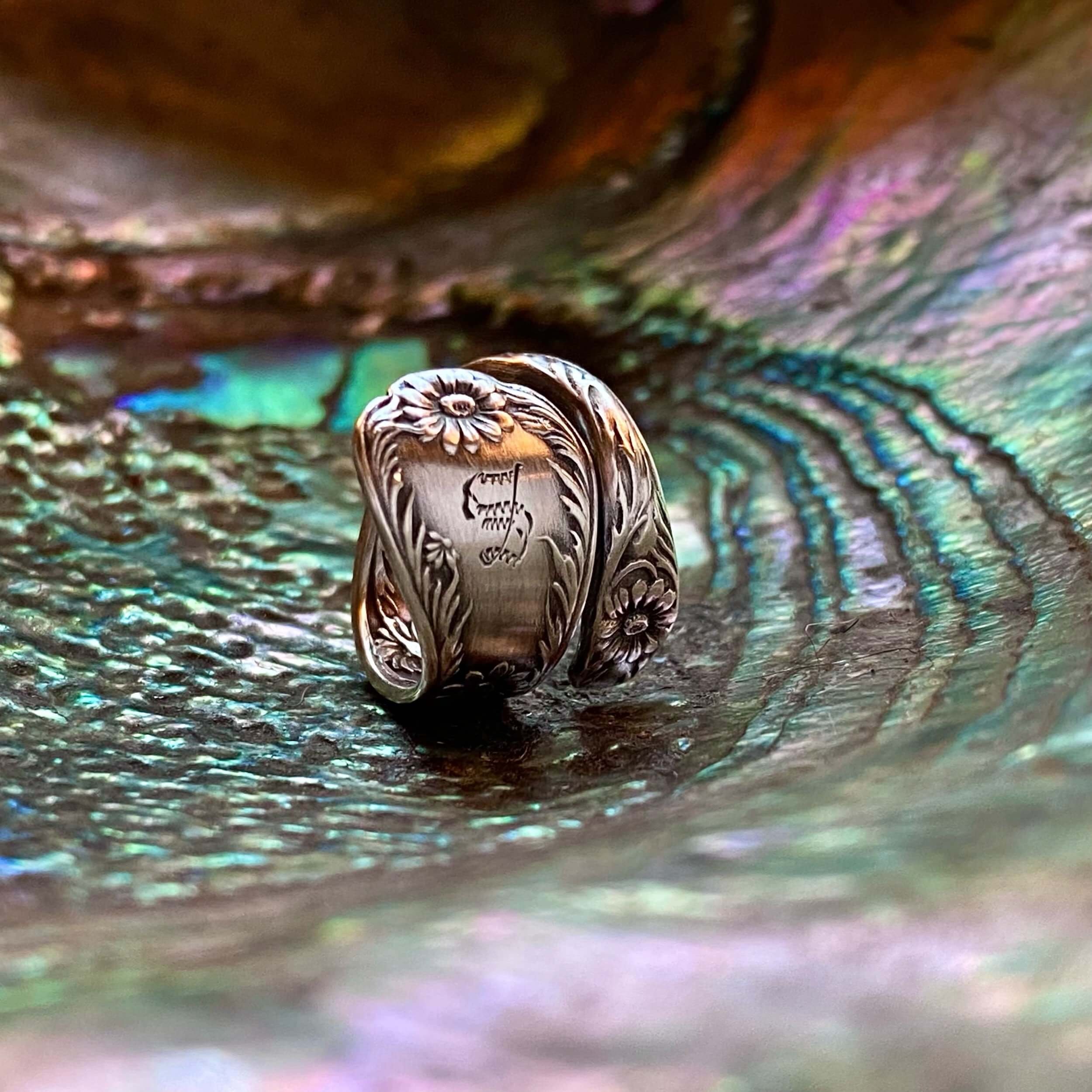 1901 Dainty Daisy Monogram S Sterling Spoon Ring - LadyForge Jewelry