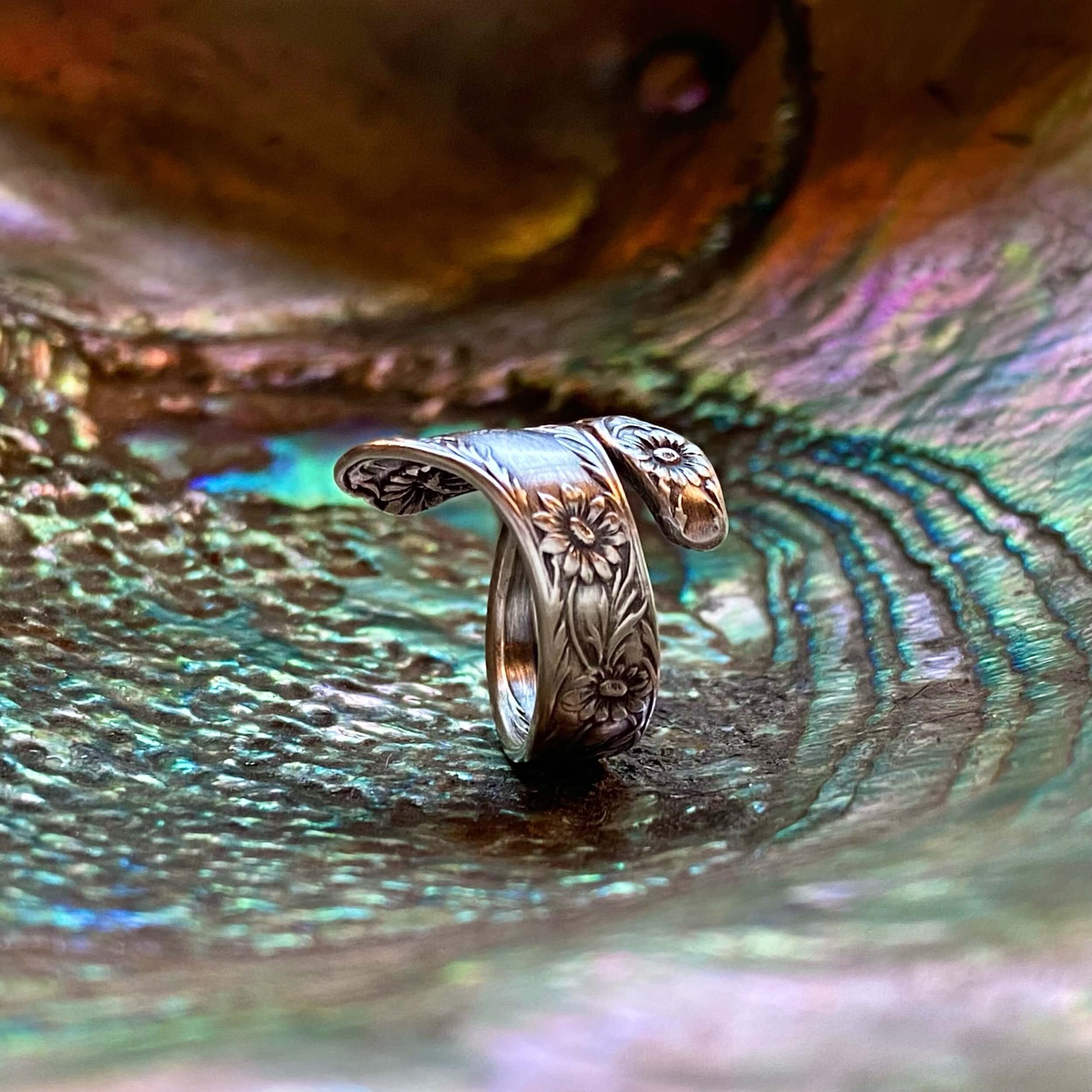 1901 Dainty Daisy Monogram S Sterling Spoon Ring - LadyForge Jewelry