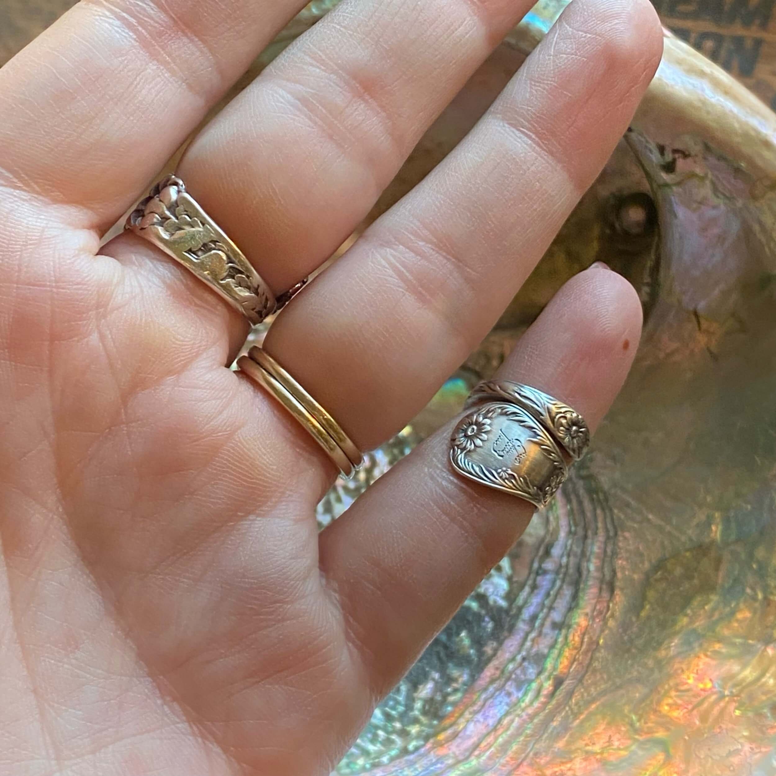 1901 Dainty Daisy Monogram S Sterling Spoon Ring - LadyForge Jewelry