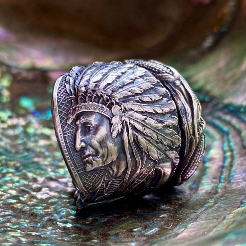 Spoon Ring with Nativ e American Chief - a Photo of a Native American Sterling Spoon Ring by Lady Forge