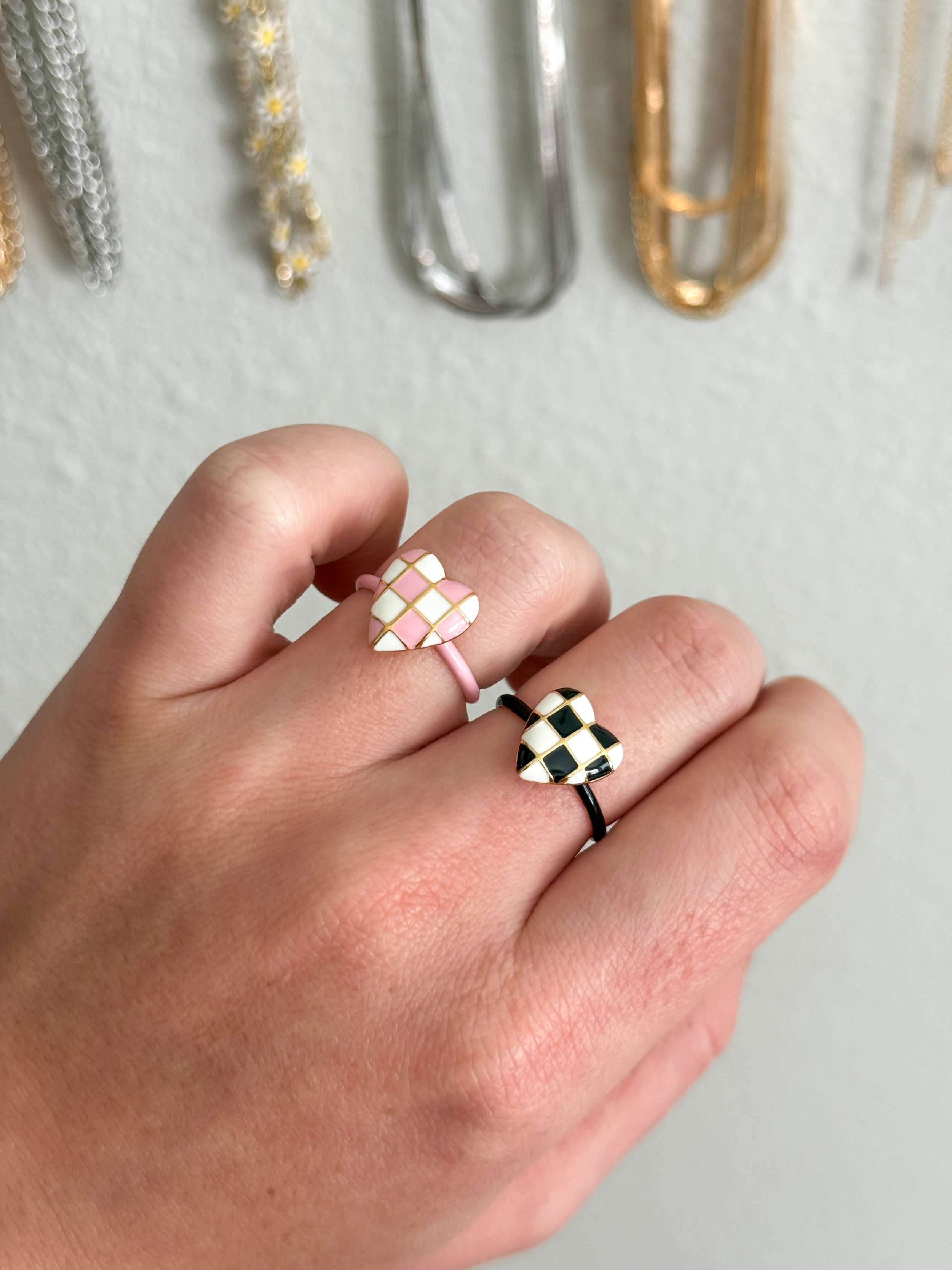 Checkered Heart Adjustable Rings