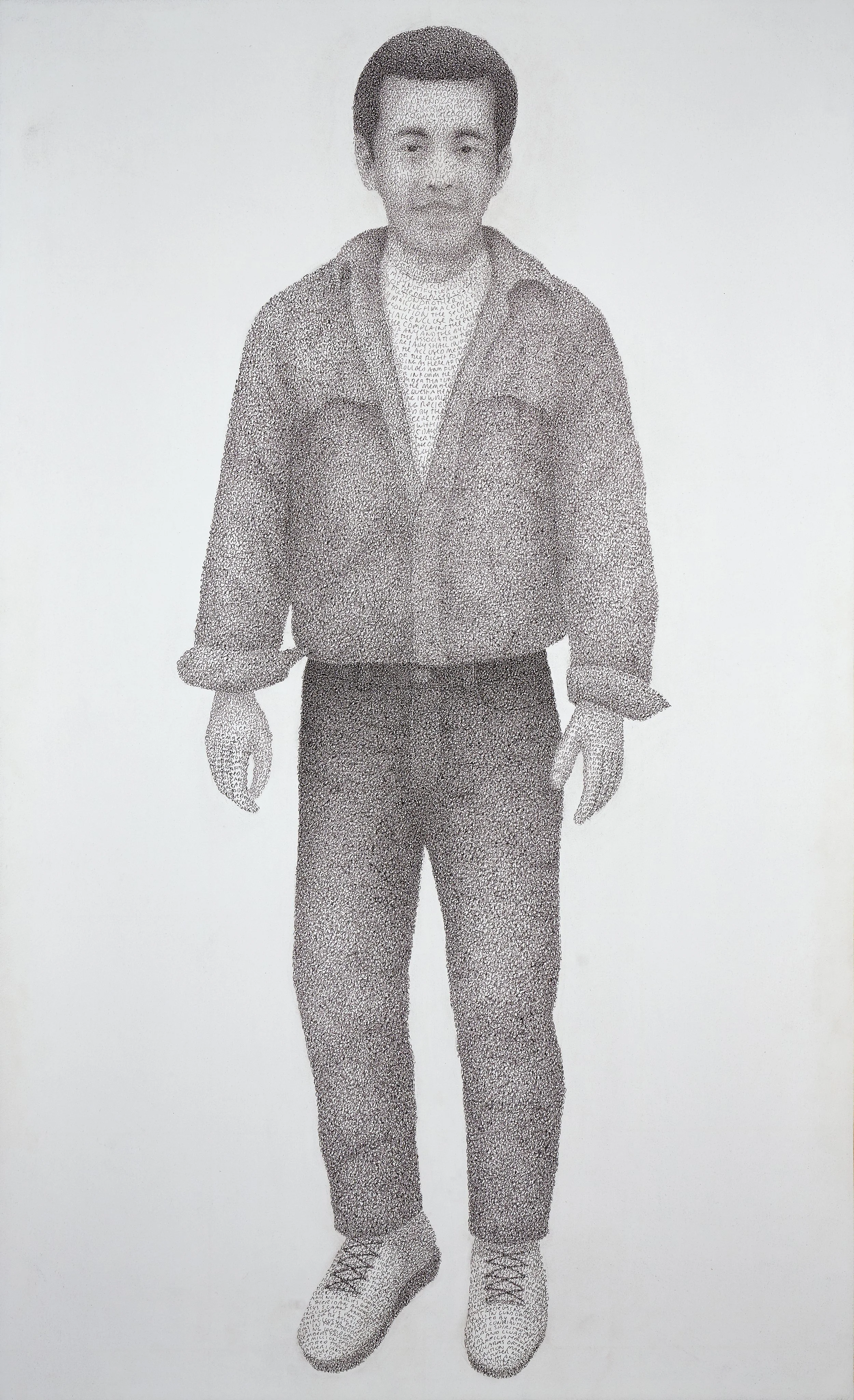 “Blaine”  60” x 37” Ink on panel
This is my brother Blaine. He died by a gun 15 years ago. He and I grew up shooting in youth clubs and his passion throughout his life was competitive target shooting.

The words are the NRA bylaws. 