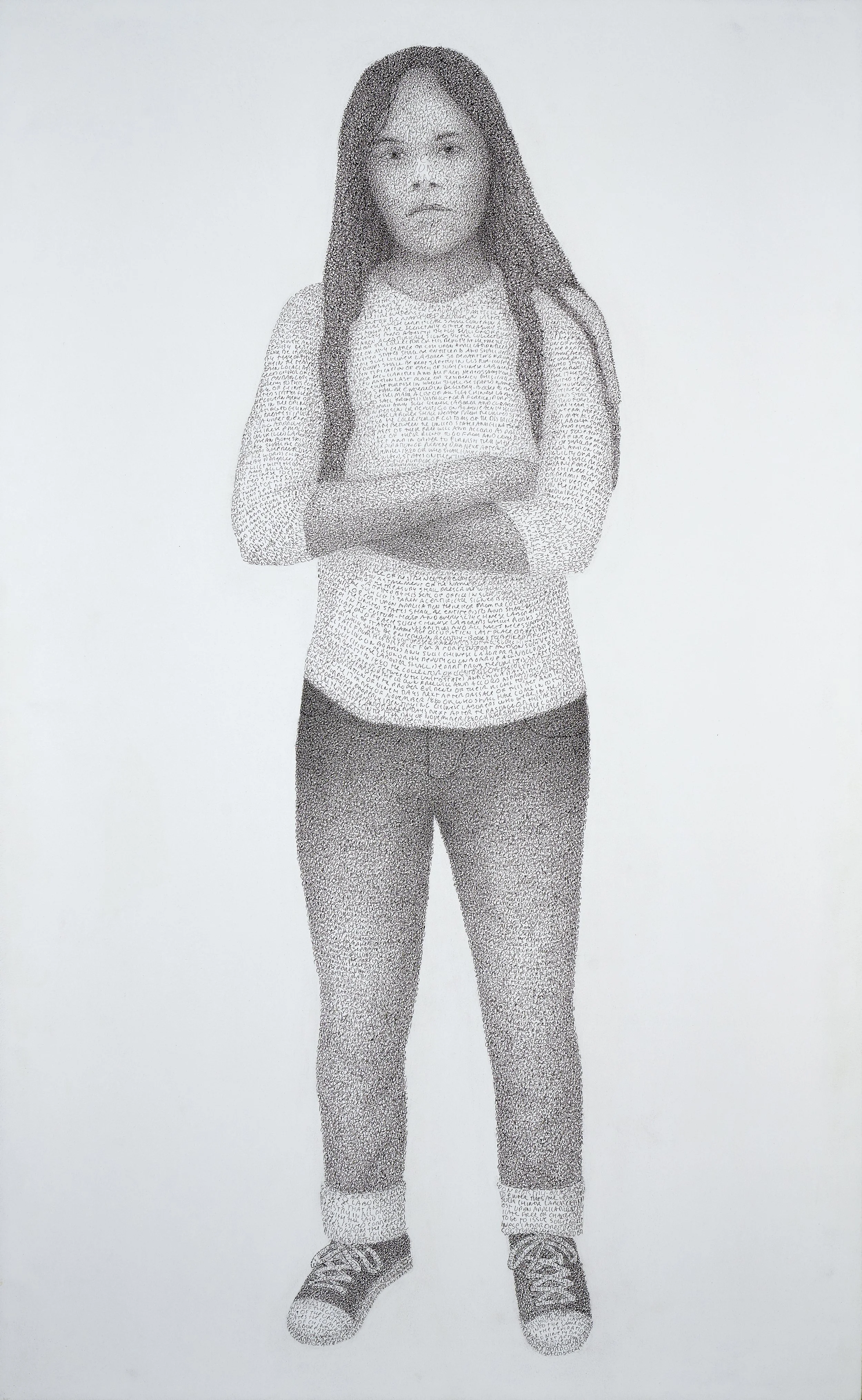 “Angelin”  60” x 37” Ink on panel
“Angelin” is the U.S. born daughter of friends of mine who are first generation Mexican Immigrants.

The text is the Chinese Exclusion Act of 1882. After the Chinese labored to build the transcontinental railroad tha