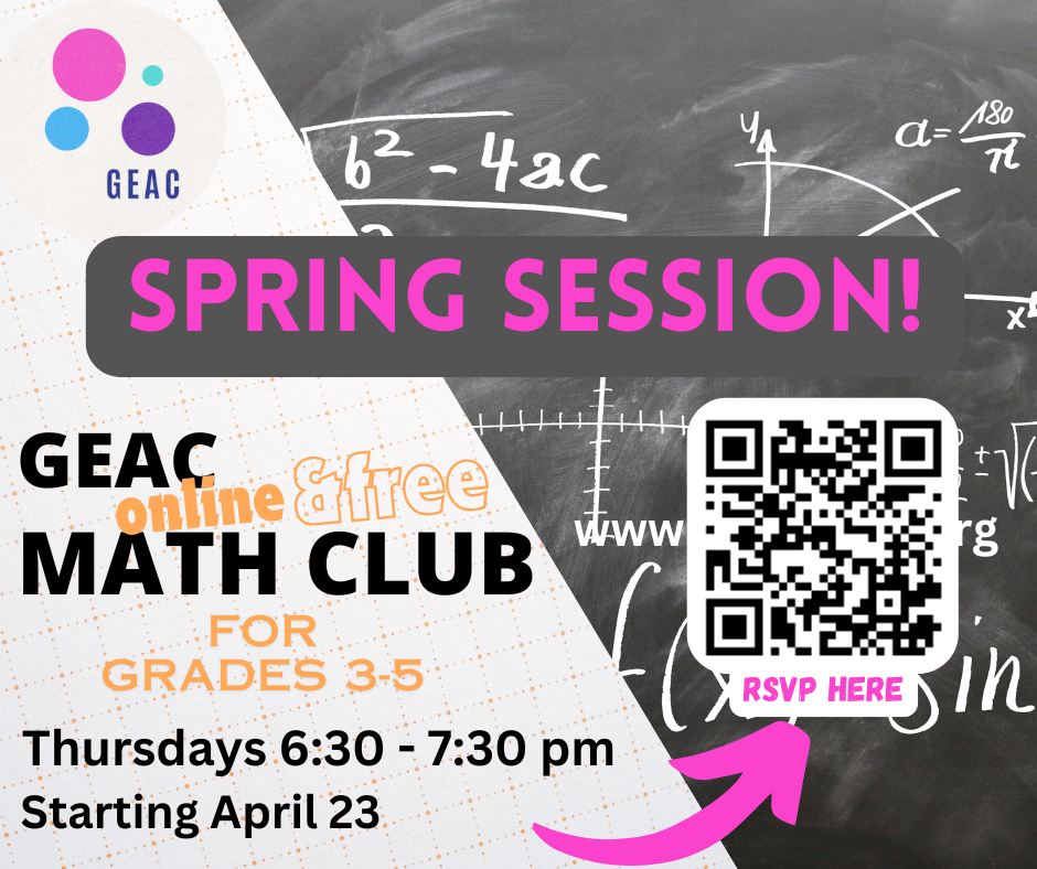 GEAC Math Club online and free on Teams. Starting on April 23, from 6:30 - 7:30 pm.