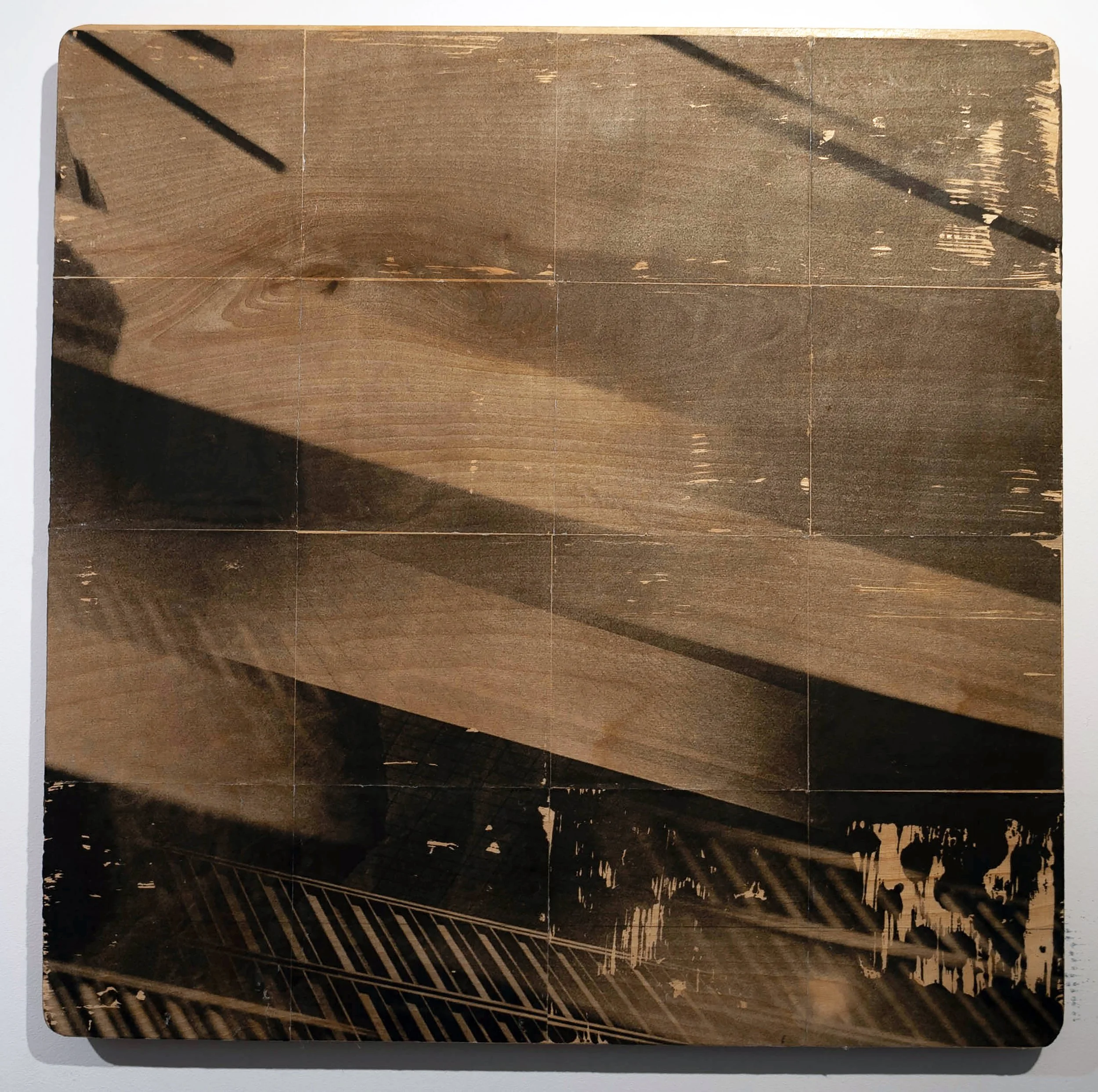 Fractured Structure, 16" x 16" Photographic Transfer on Wood, 2023