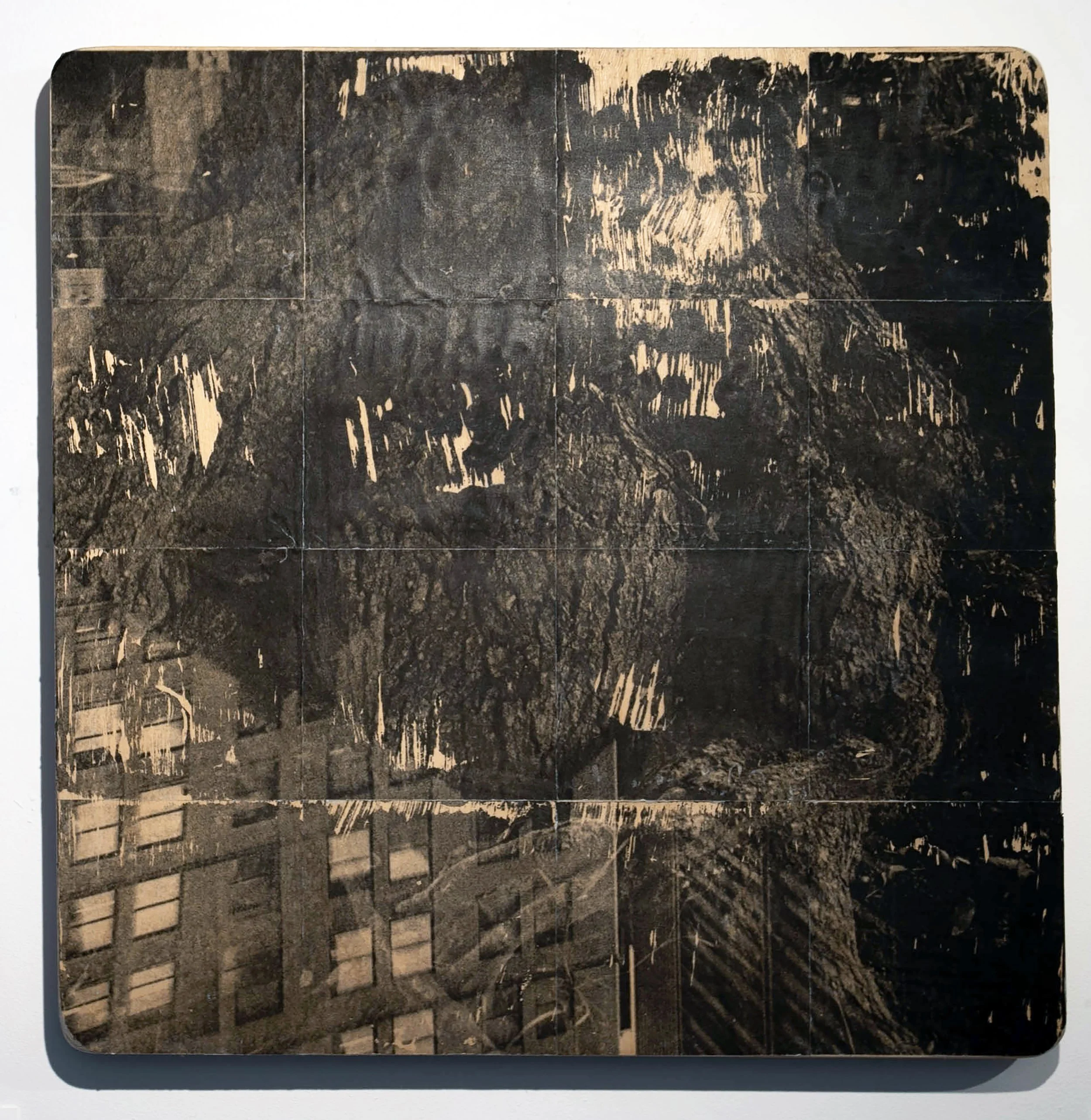 Eroding Tree Over Building, 16" x 16" Photographic Transfer on Wood, 2023