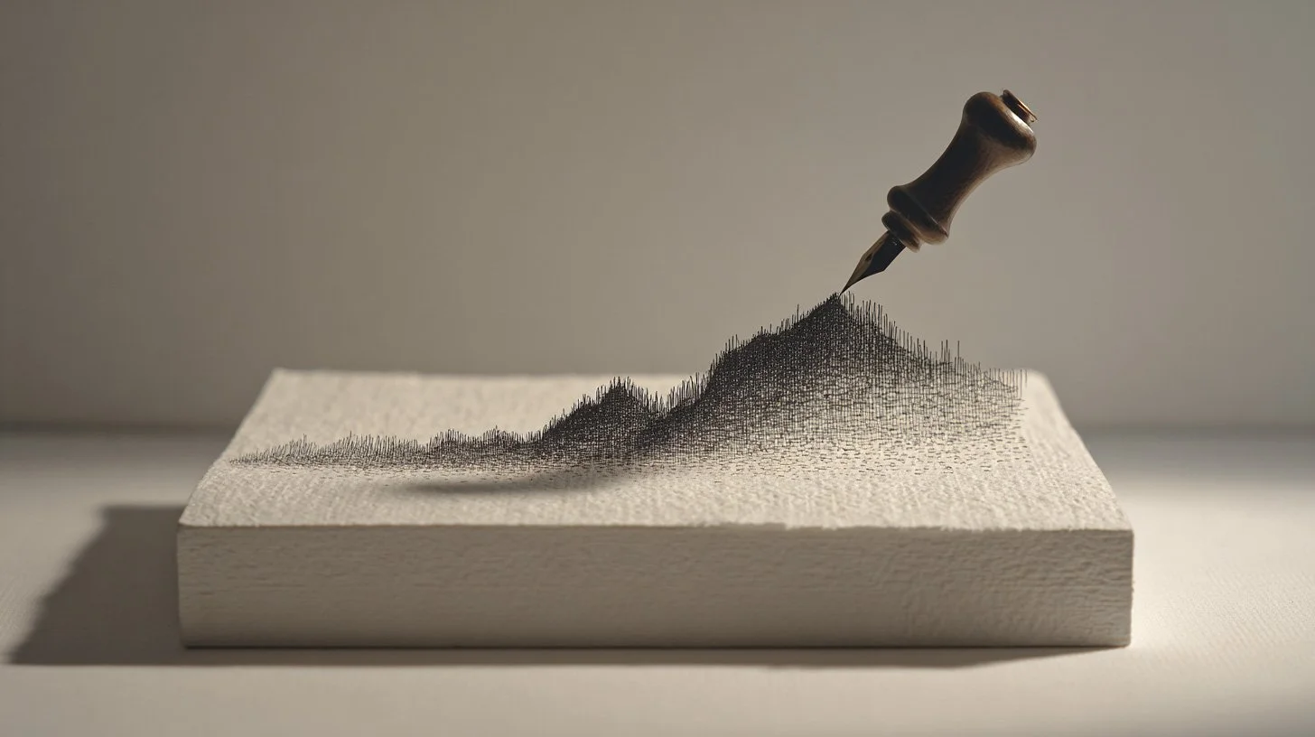 Plume traçant une montagne trait par trait sur papier blanc — métaphore visuelle du leadership qui construit dans l'incertitude