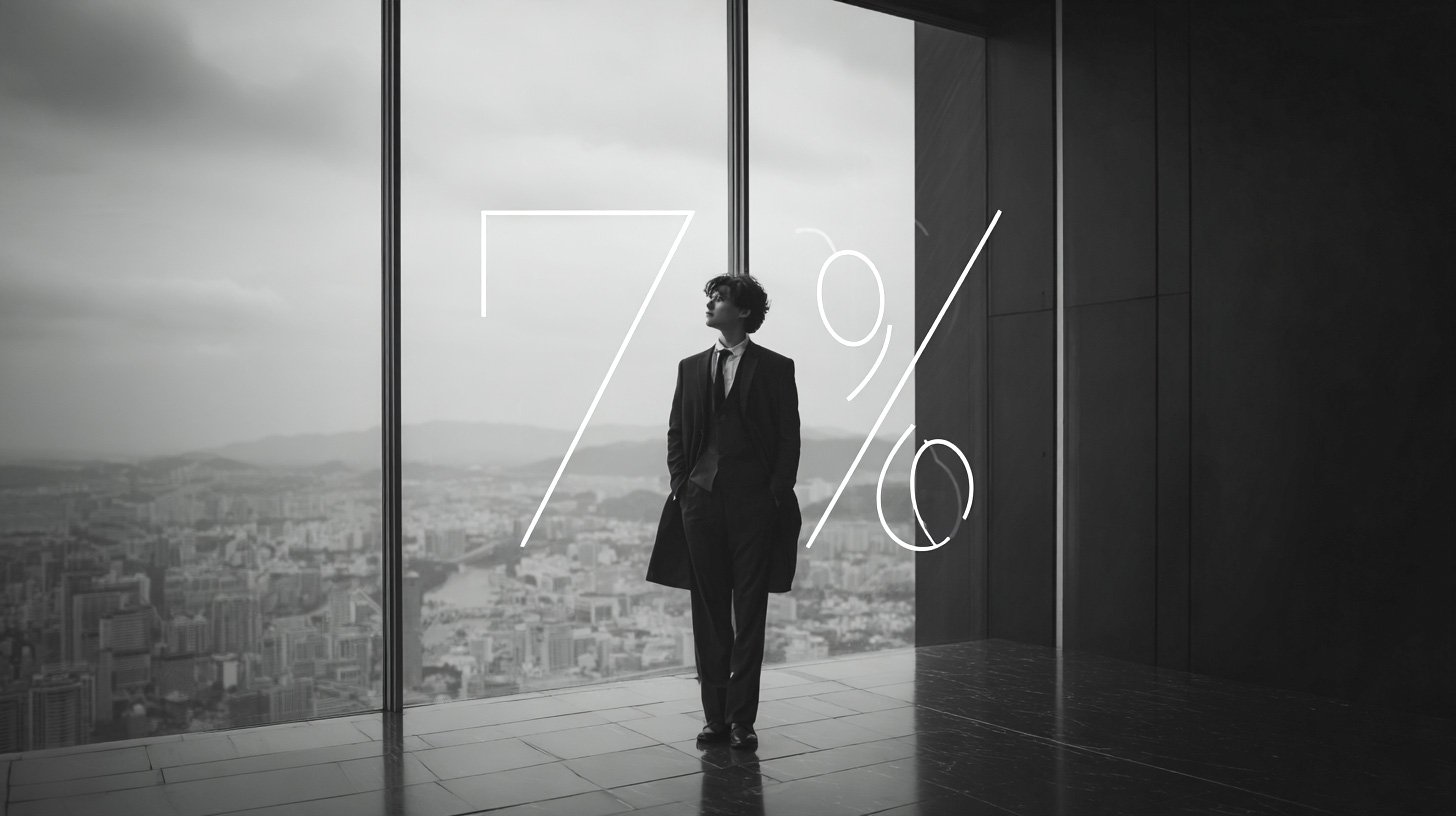 Dirigeant en costume seul à la baie vitrée d'un dernier étage, devant une vue panoramique sur la ville. Le chiffre 74 % se superpose à l'image.