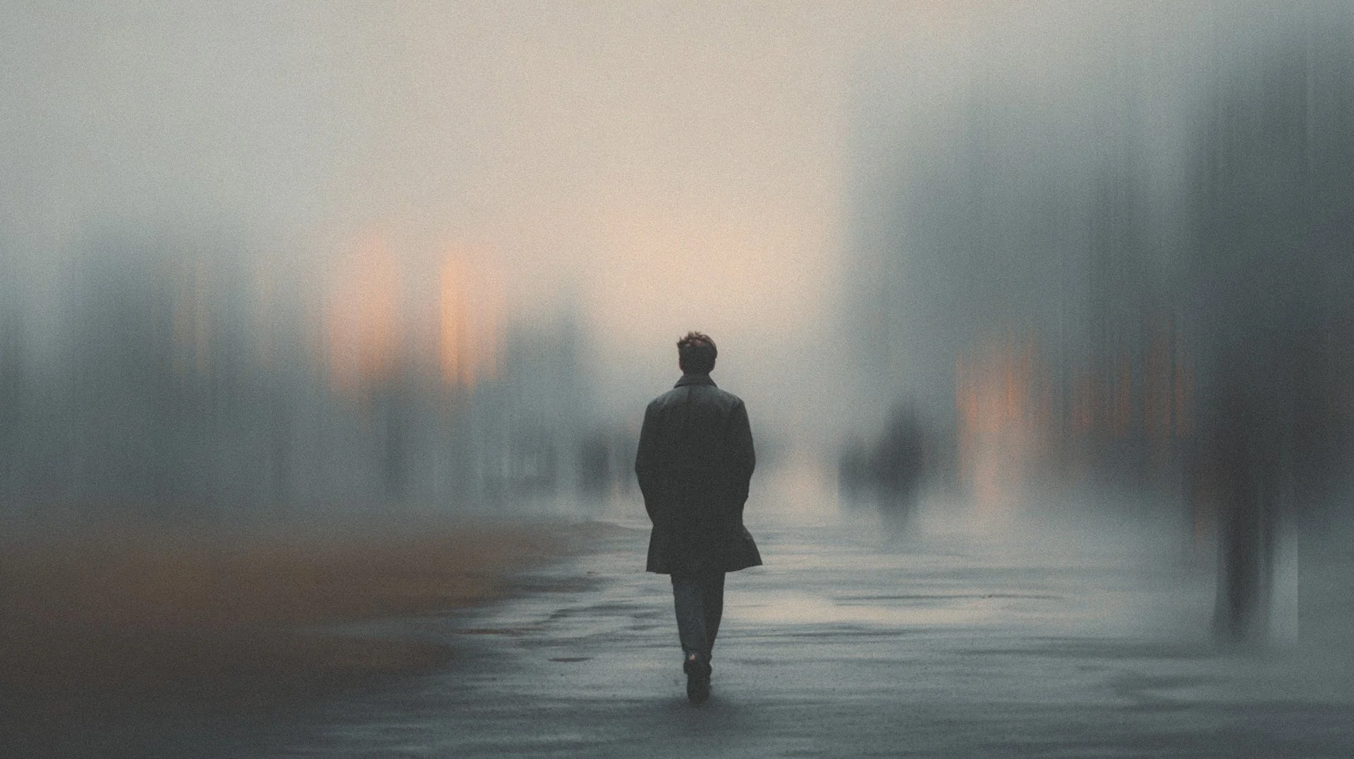 Un homme marche seul dans un espace urbain brumeux, silhouette floue entre deux mondes — image évocatrice de lenteur, d'introspection et de ralentissement cognitif.