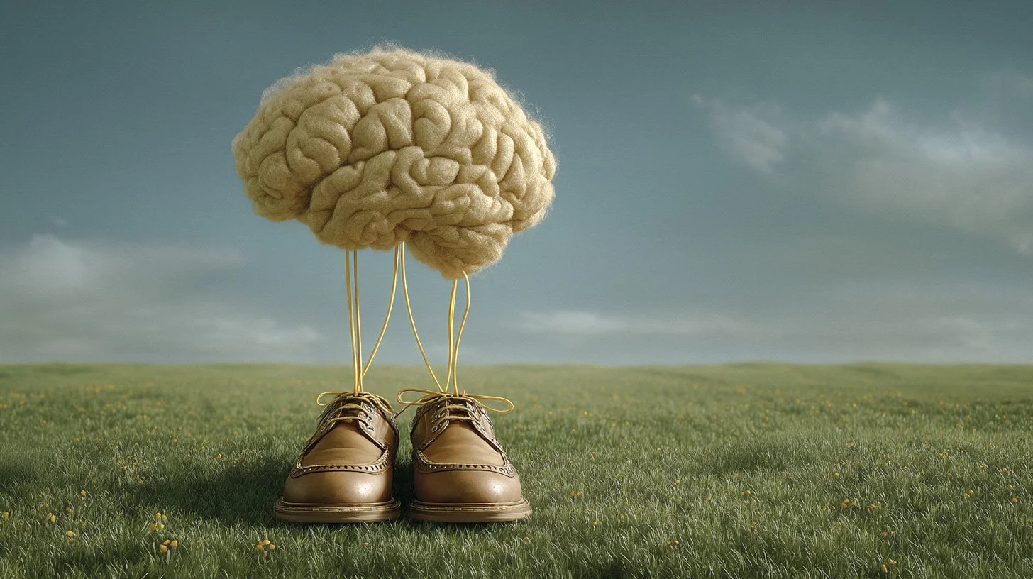 Cerveau relié par des lacets à une paire de chaussures de marche : l'exercice physique comme protection cérébrale.