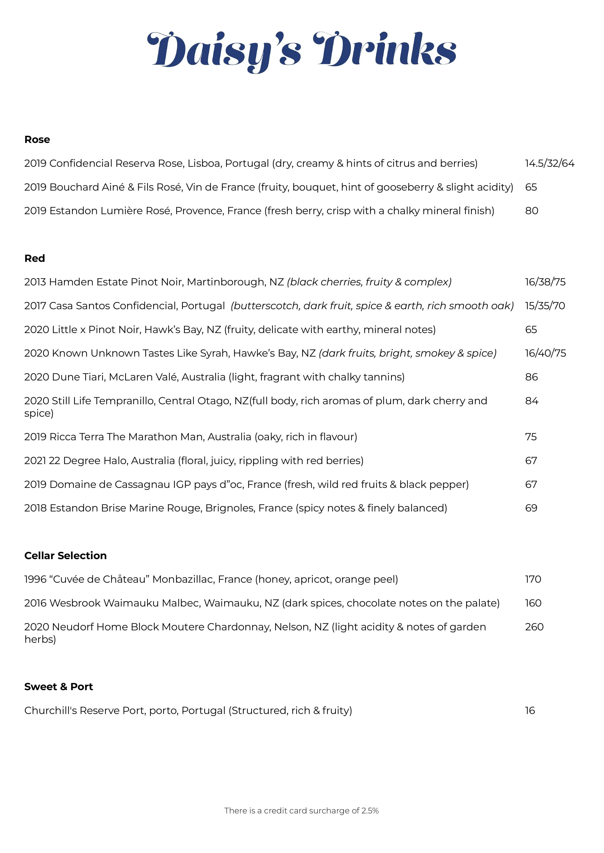 Sample Menus — Daisy's