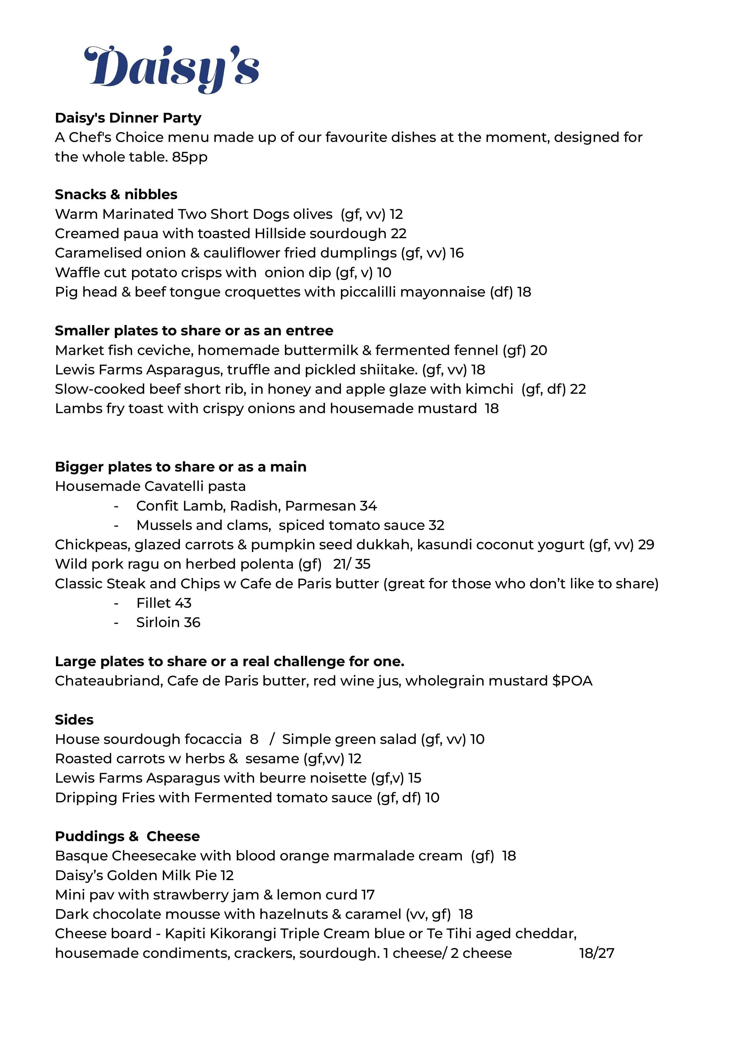 Sample Menus — Daisy's