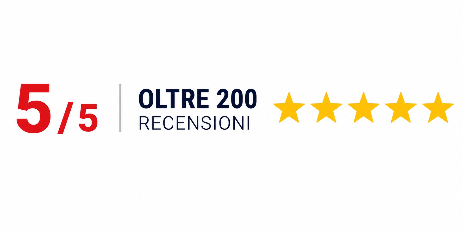 Recensione con valutazione 5 stelle su 5, oltre 200 recensioni, con cinque stelle gialle e scritto in italiano.