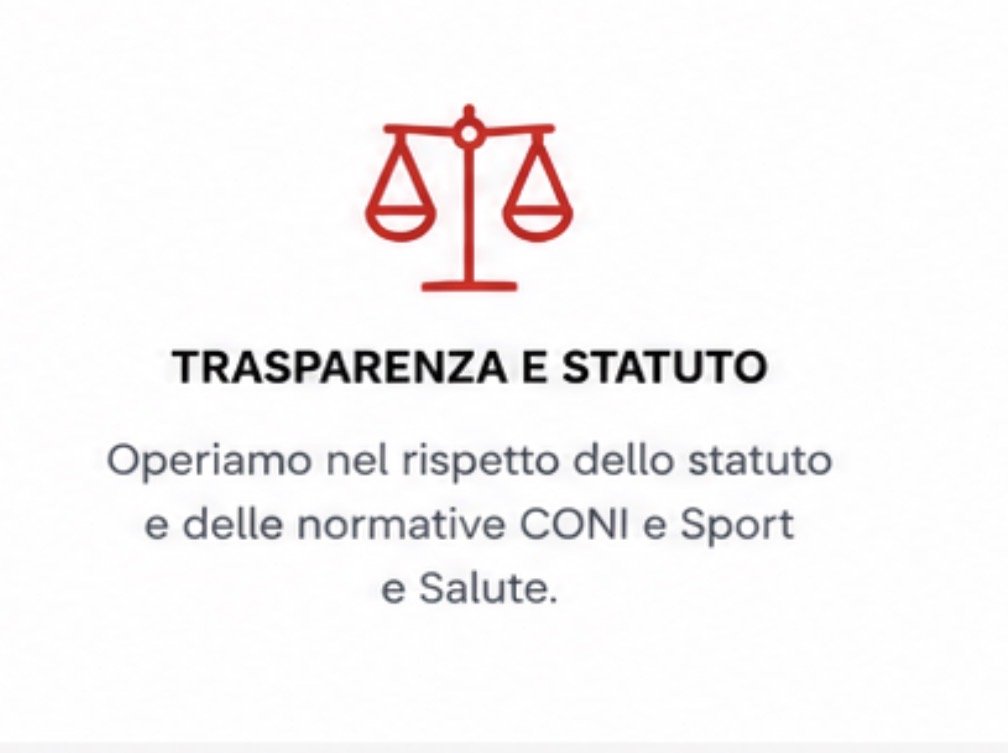Immagine con simbolo di una bilancia rossa e testo che parla di trasparenza e statuto, rispettando norme di CONI e Sport e Salute.