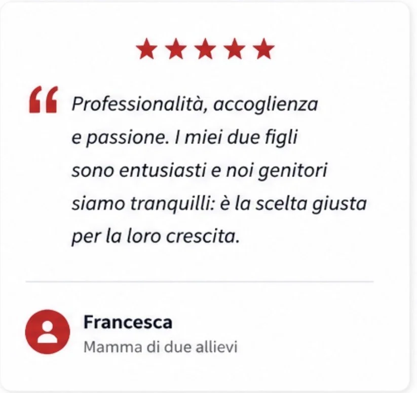 Recensione positiva con cinque stelle, testimonianza di Francesca, mamma di due figli, che apprezza la professionalità, accoglienza e passione del servizio.