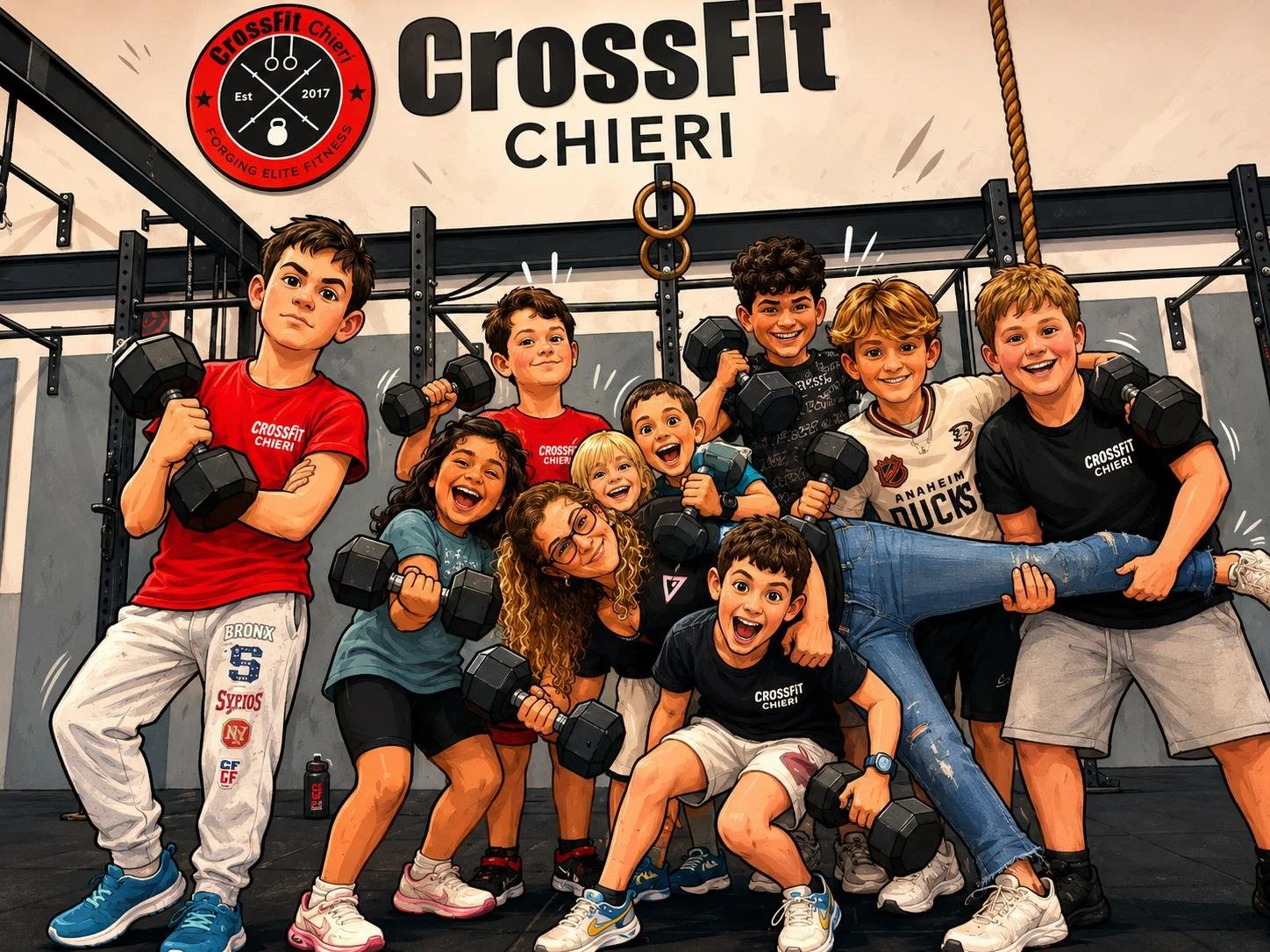 Gruppo di bambini sorridenti che fanno esercizi con manubri in palestra di CrossFit, con un istruttore, all'interno di un box CrossFit a Chieri.