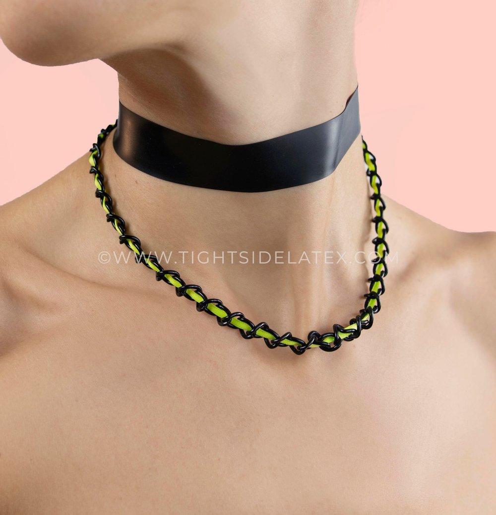 Latex Choker With Fluro Ribbon And Chains - TIGHT SIDE LATEX