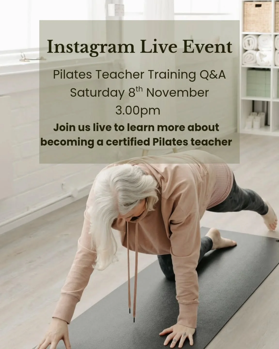 Thinking about becoming a certified pilates teacher? 

Victoria from @ordinarypeopleacademy will join us live this Saturday at 3.00pm to answer your questions and explain what makes this training unique 

Do you have any questions for Victoria? Type 