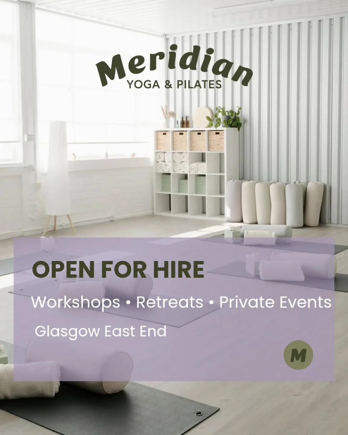 🌿 Looking for a beautiful, calm space in Glasgow&rsquo;s East End to host your next event?

Our studio is available to hire for workshops, well being events and retreats.

Two studio spaces available: 

Yang Studio - up to 18 mats
&pound;35 per hour