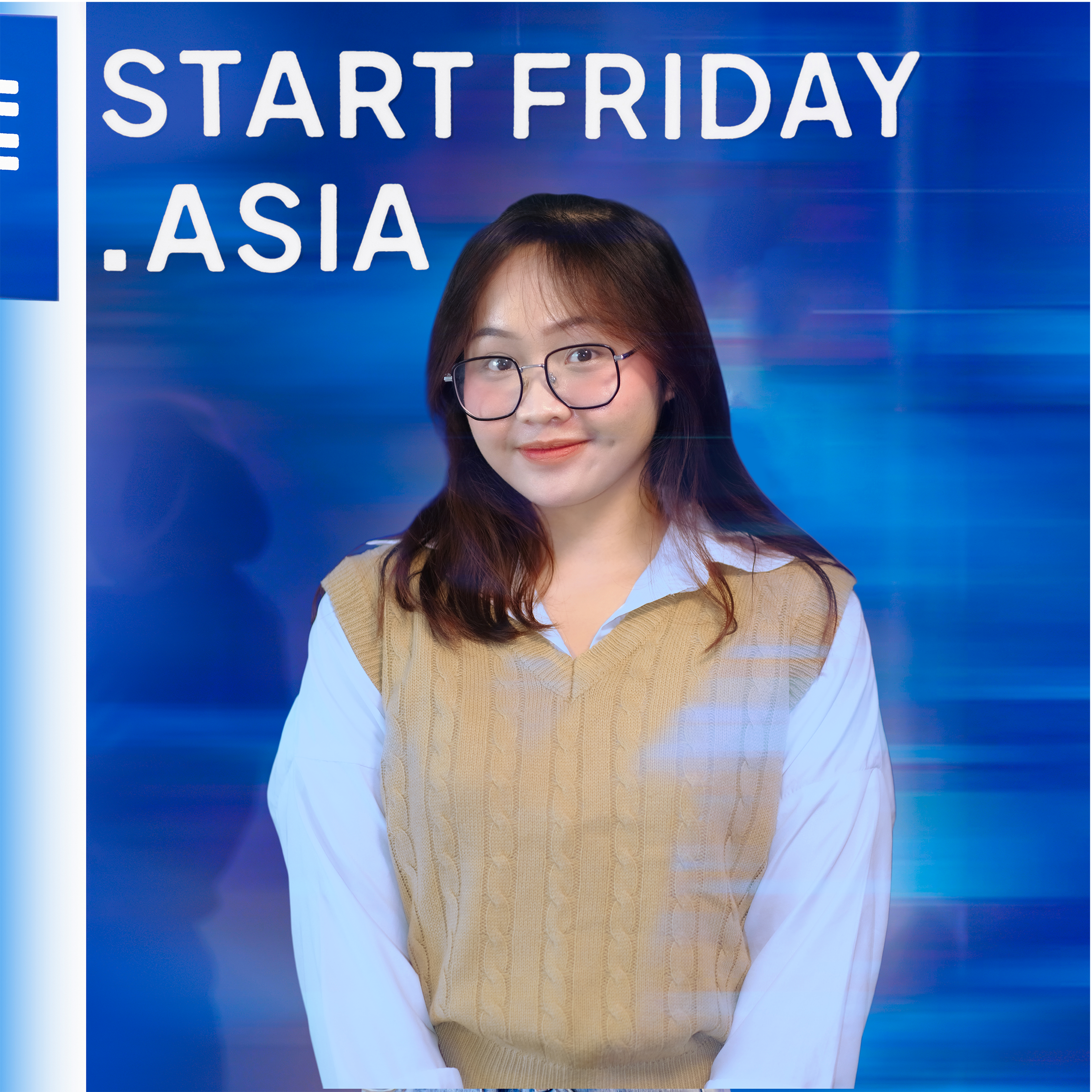 Person wearing glasses and a sweater vest standing in front of a blue background with text "START FRIDAY .ASIA."