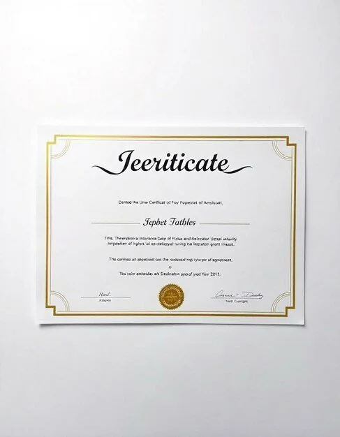 A certificate titled 'Jeeritation,' awarded to Jephat Tashle, featuring a gold seal at the bottom center, with signatures at the bottom right and left, placed on a plain white background.