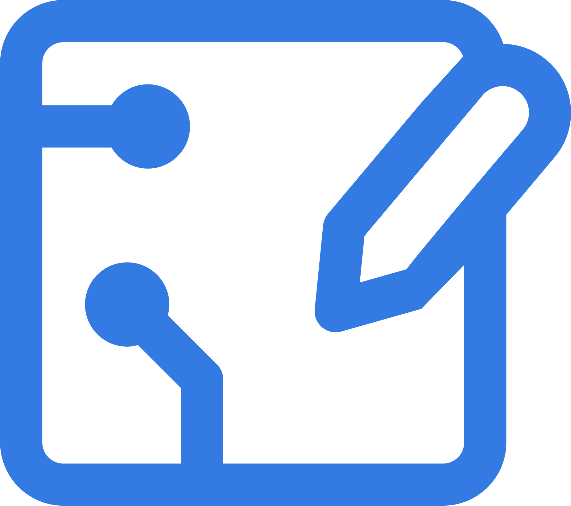 A blue circuit board icon with lines and circles representing electronic connections.
