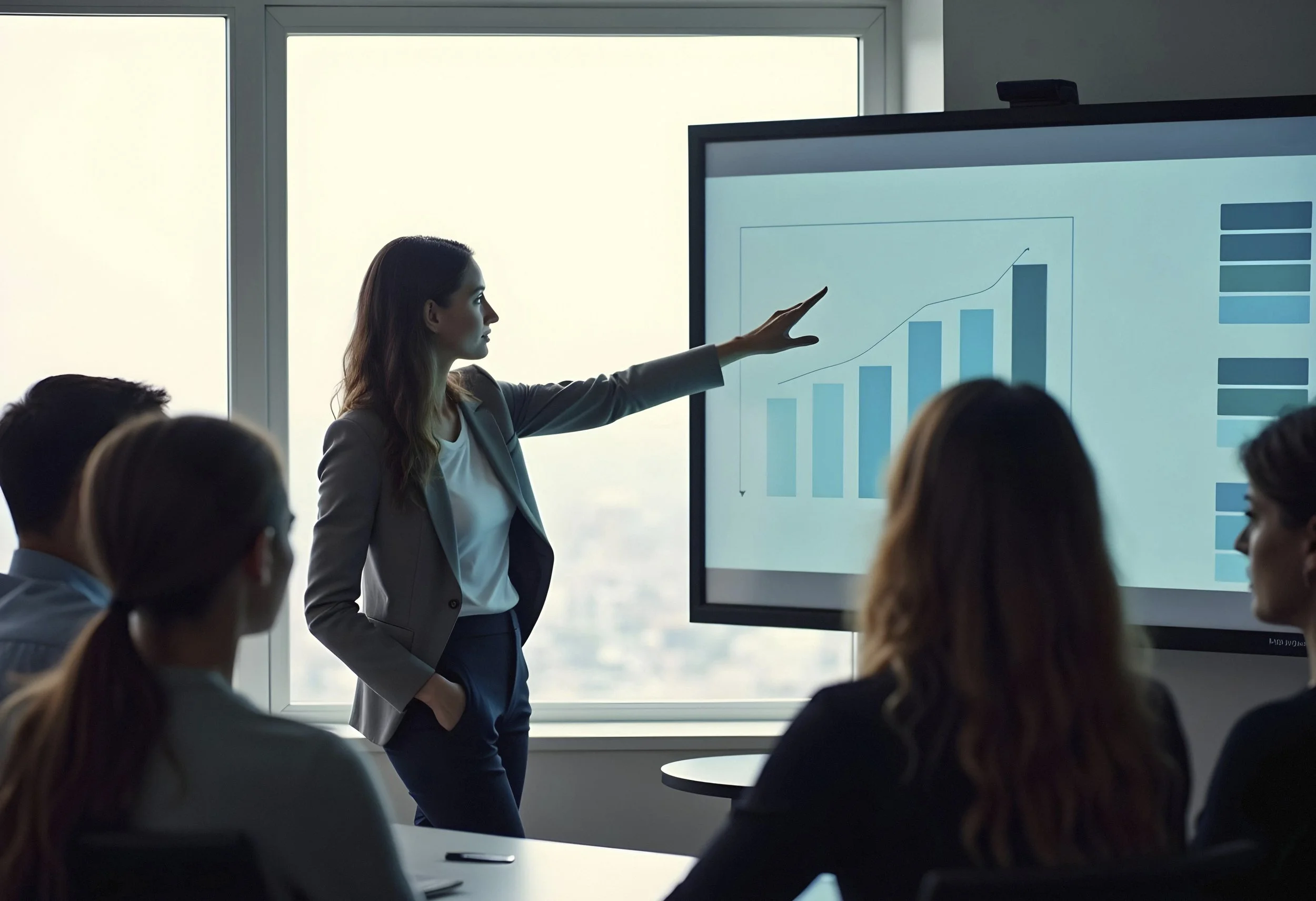 Businesswoman giving a presentation to a group, pointing at a bar graph on a large screen in a conference room with a window behind.