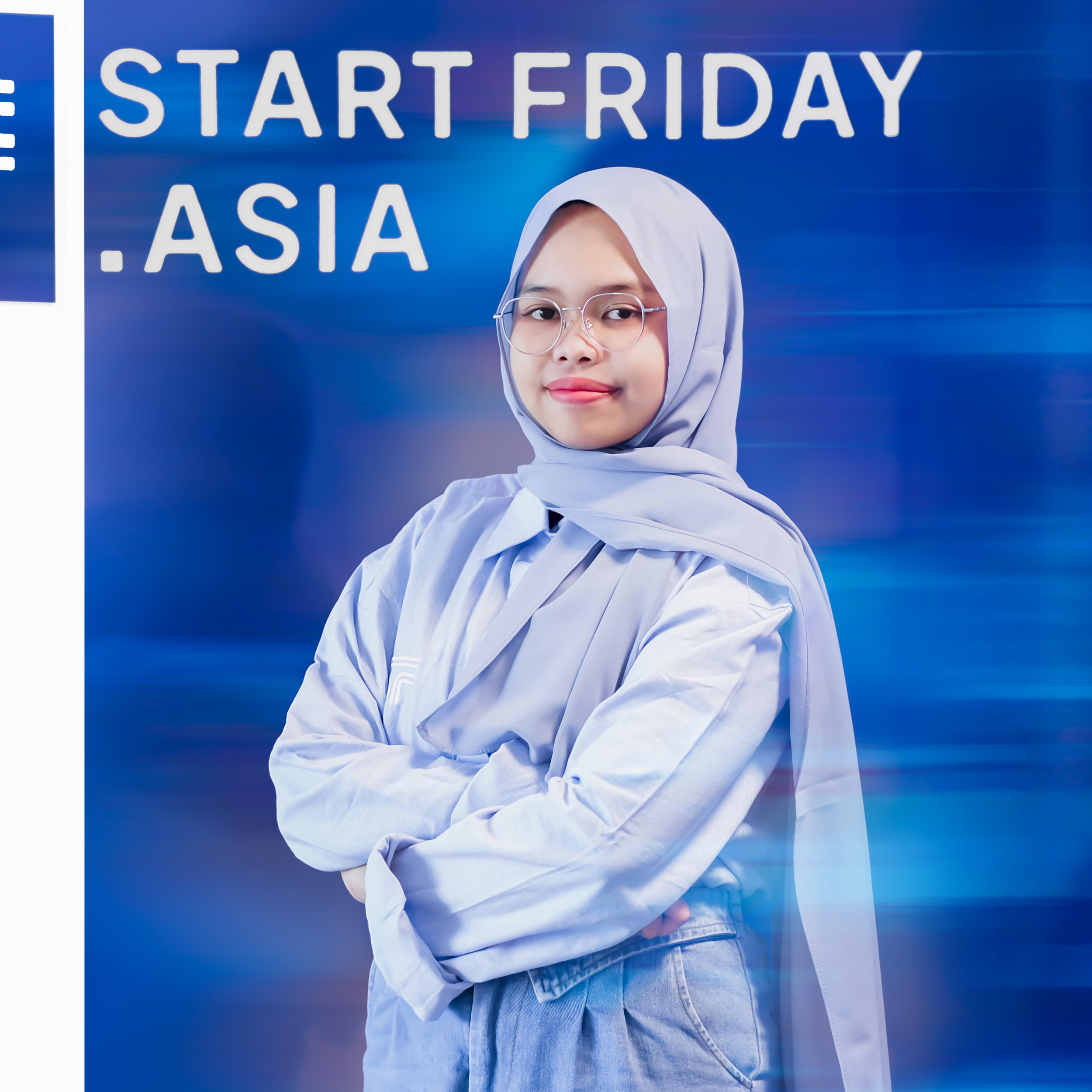 A young woman wearing glasses and a light blue hijab stands with arms crossed in front of a blue background with the words "START FRIDAY ASIA."