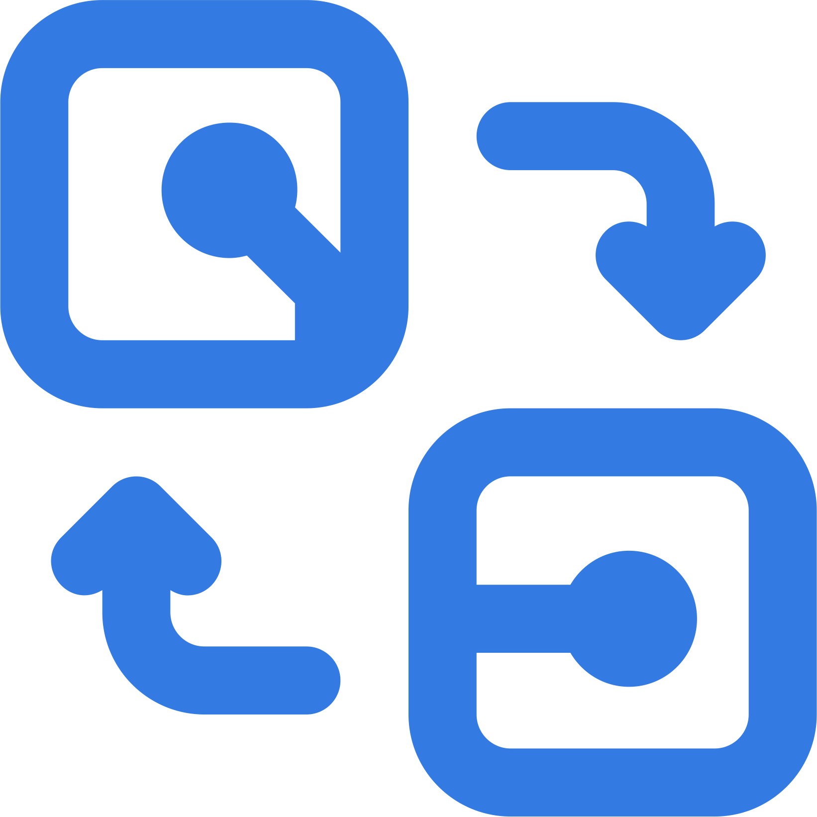 Icons representing processes: share, download, refresh, and save.