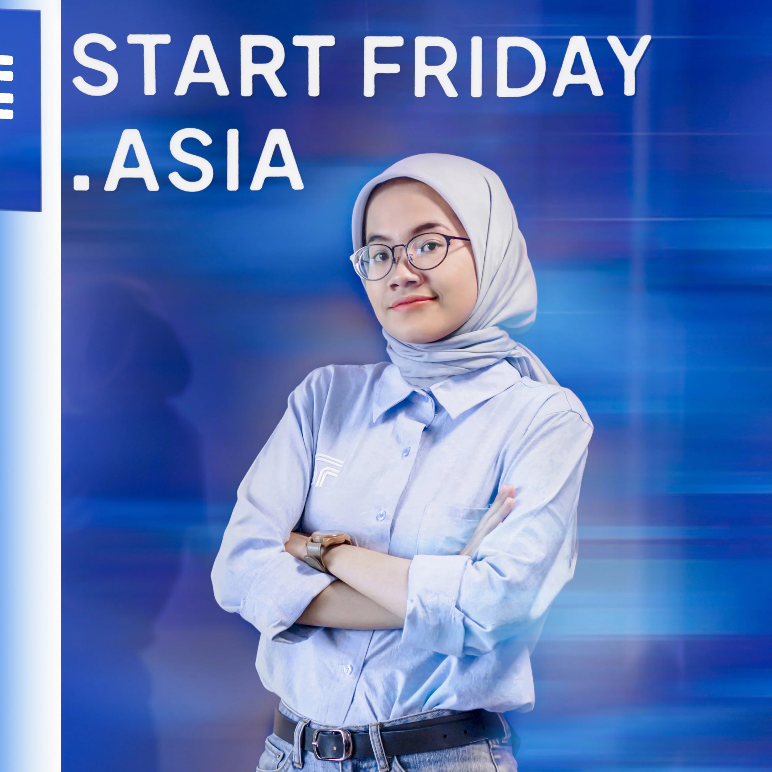 A person wearing glasses and a hijab stands confidently with arms crossed in front of a "Start Friday Asia" sign, against a blue background.
