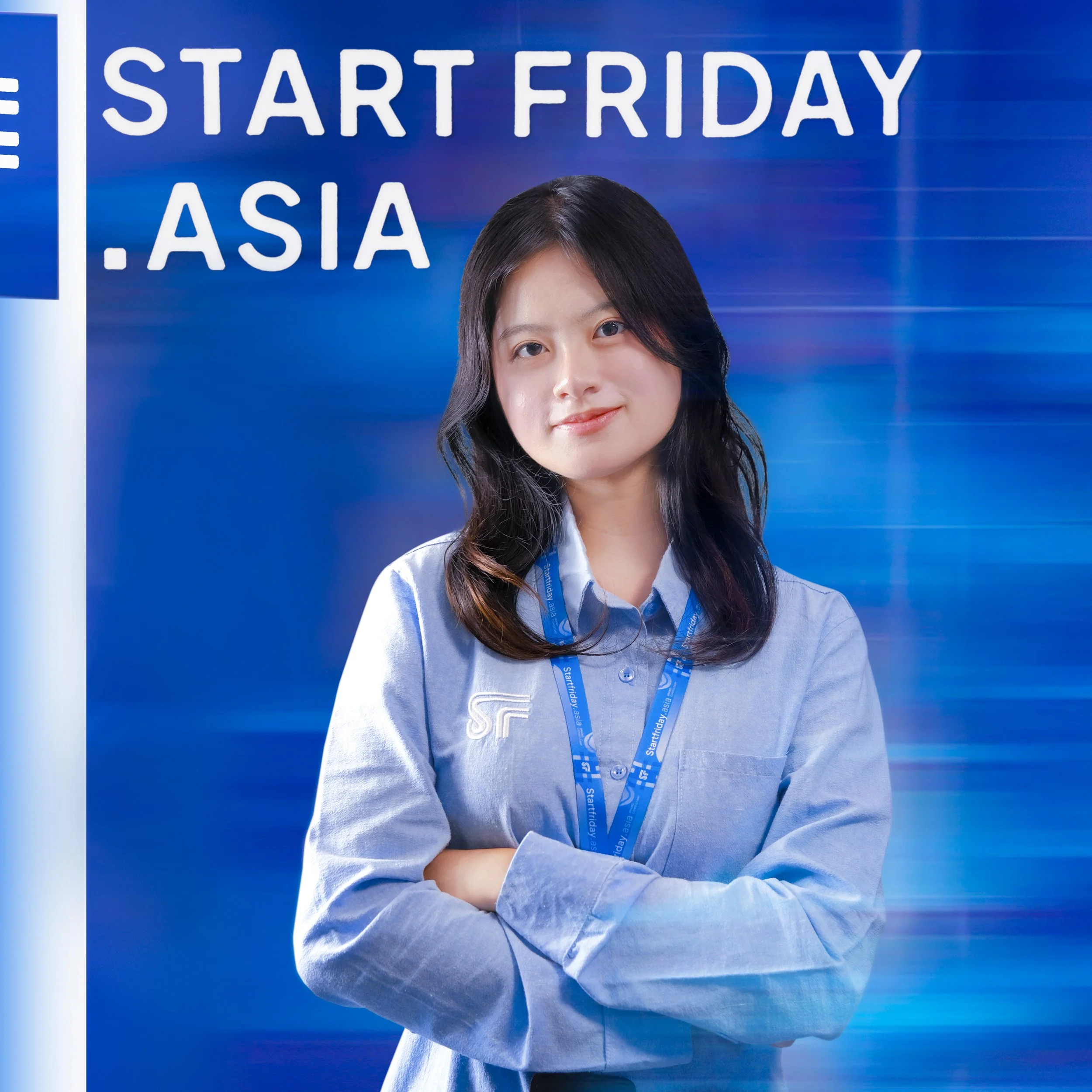 Young woman with dark hair and light blue shirt standing with arms crossed in front of a blue background with the words "START FRIDAY .ASIA" in white text.