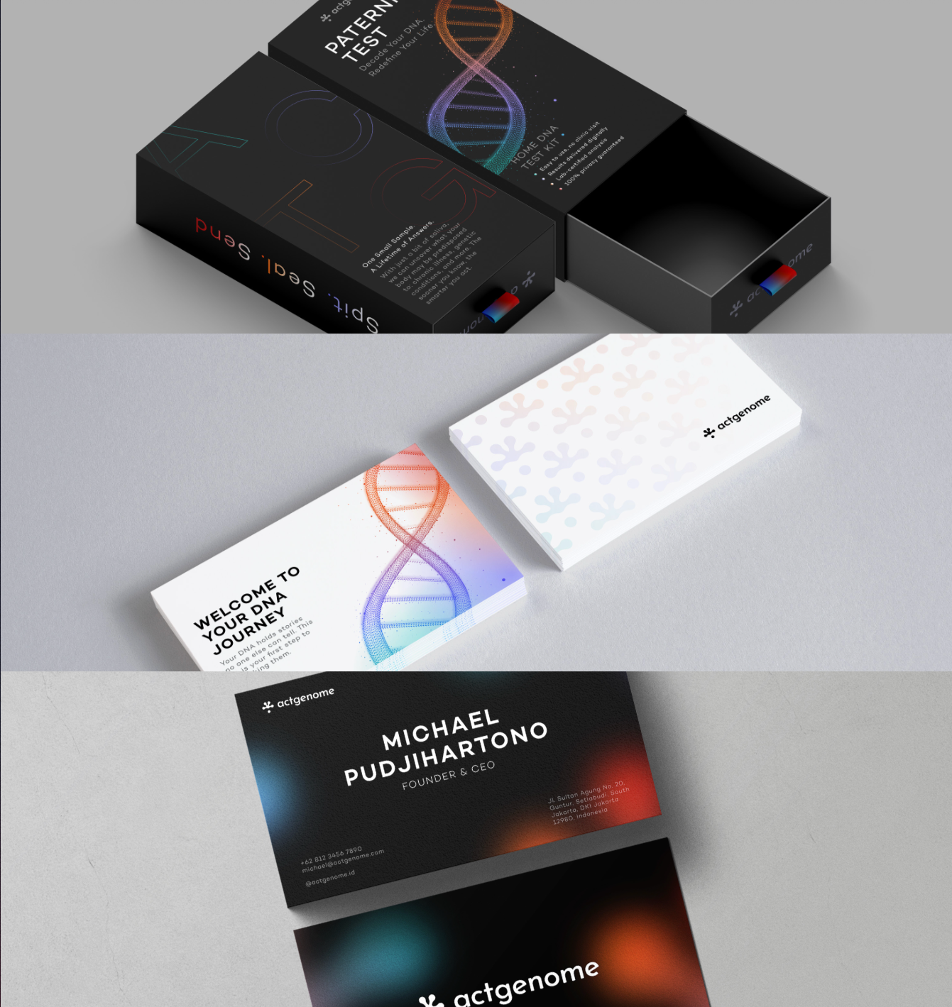 Collection of DNA-themed branding items including business cards, a brochure, and product packaging for actgenome, featuring DNA helix graphics and modern design elements.