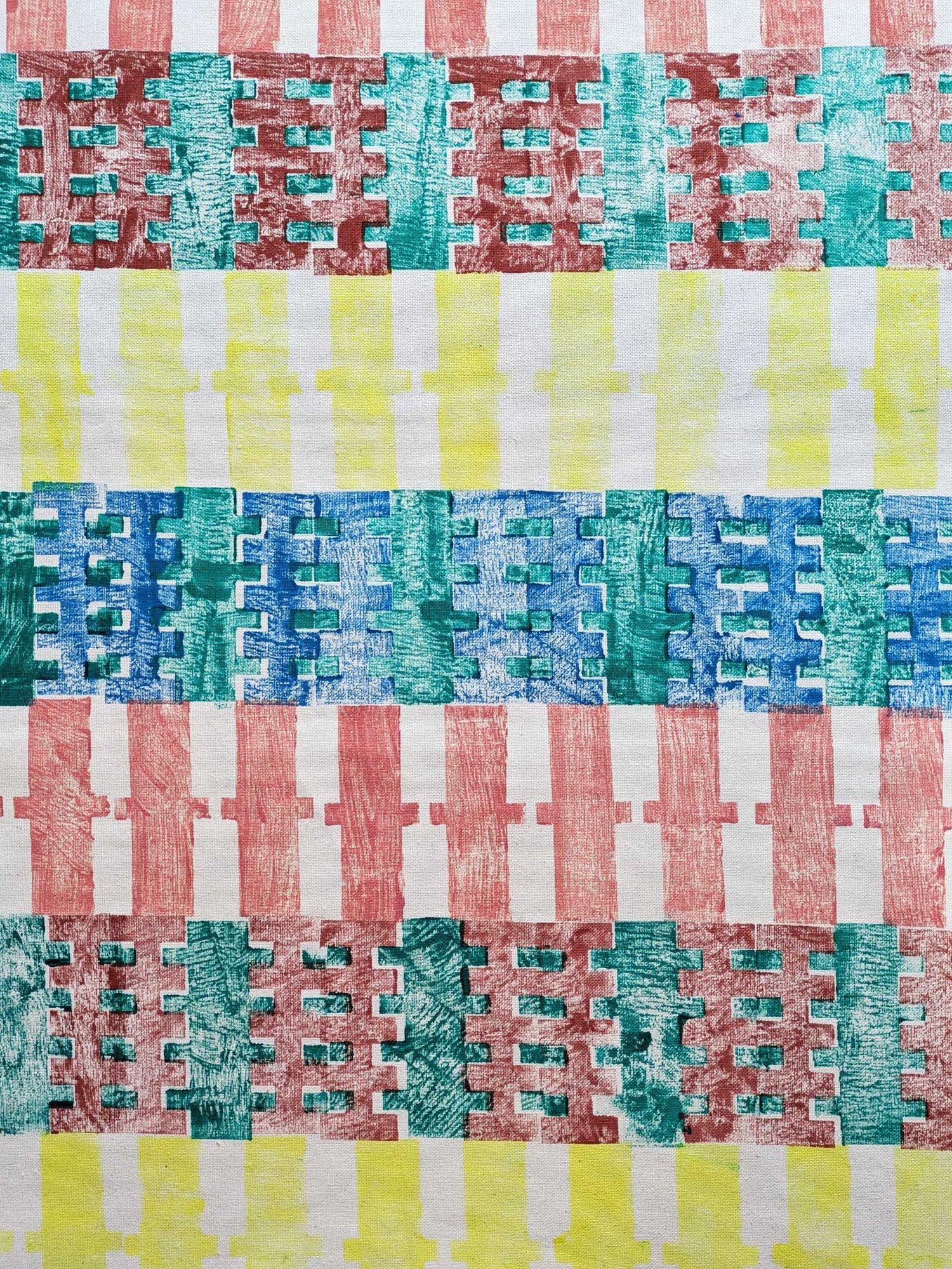 hand printed summer fabric in bright and pastel colours in stripe arrangement