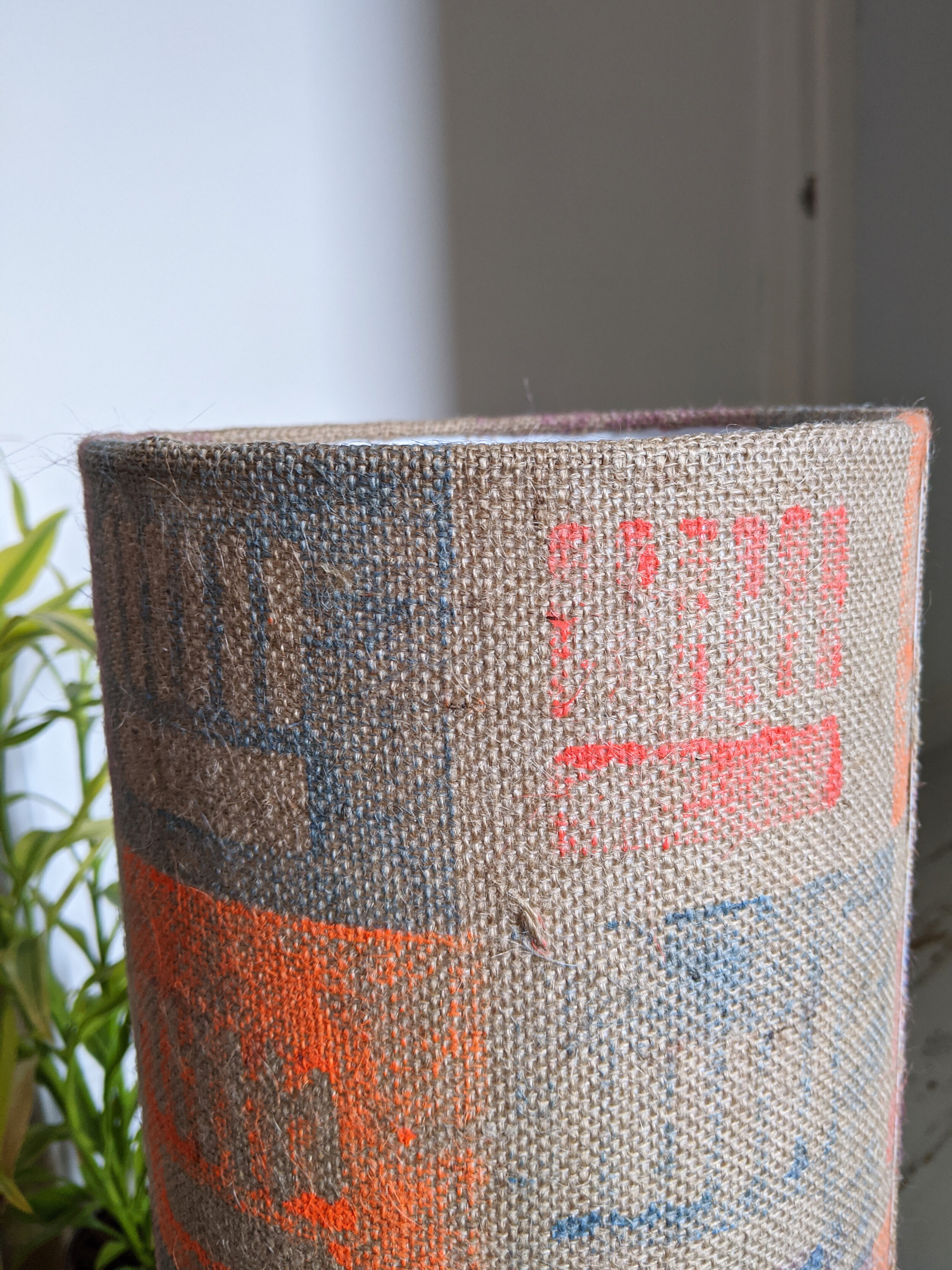 PANEL brutalist block printed tall cylinder lamp with blue, orange and purple design detail