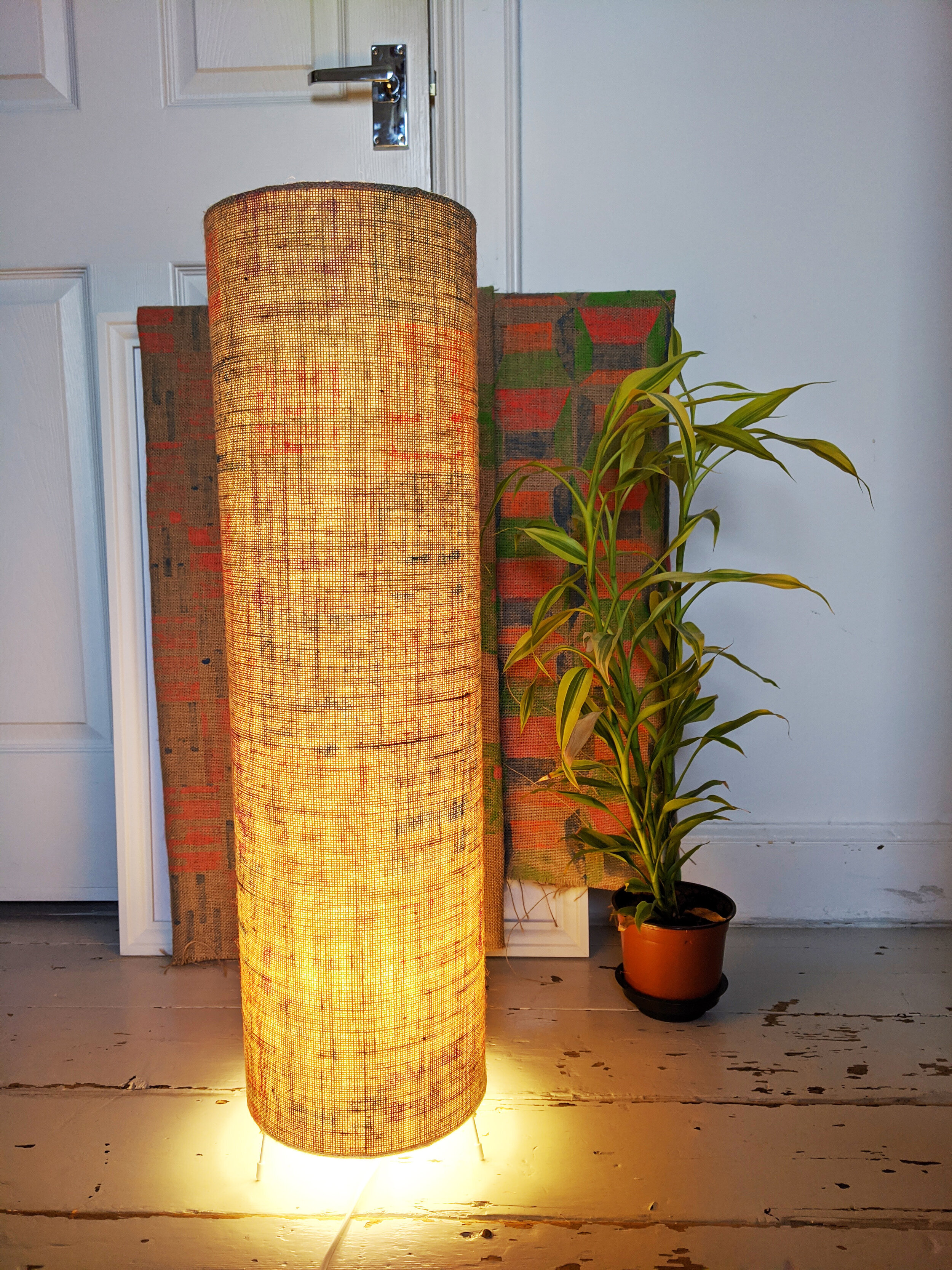 PANEL brutalist block printed tall cylinder lamp illuminated