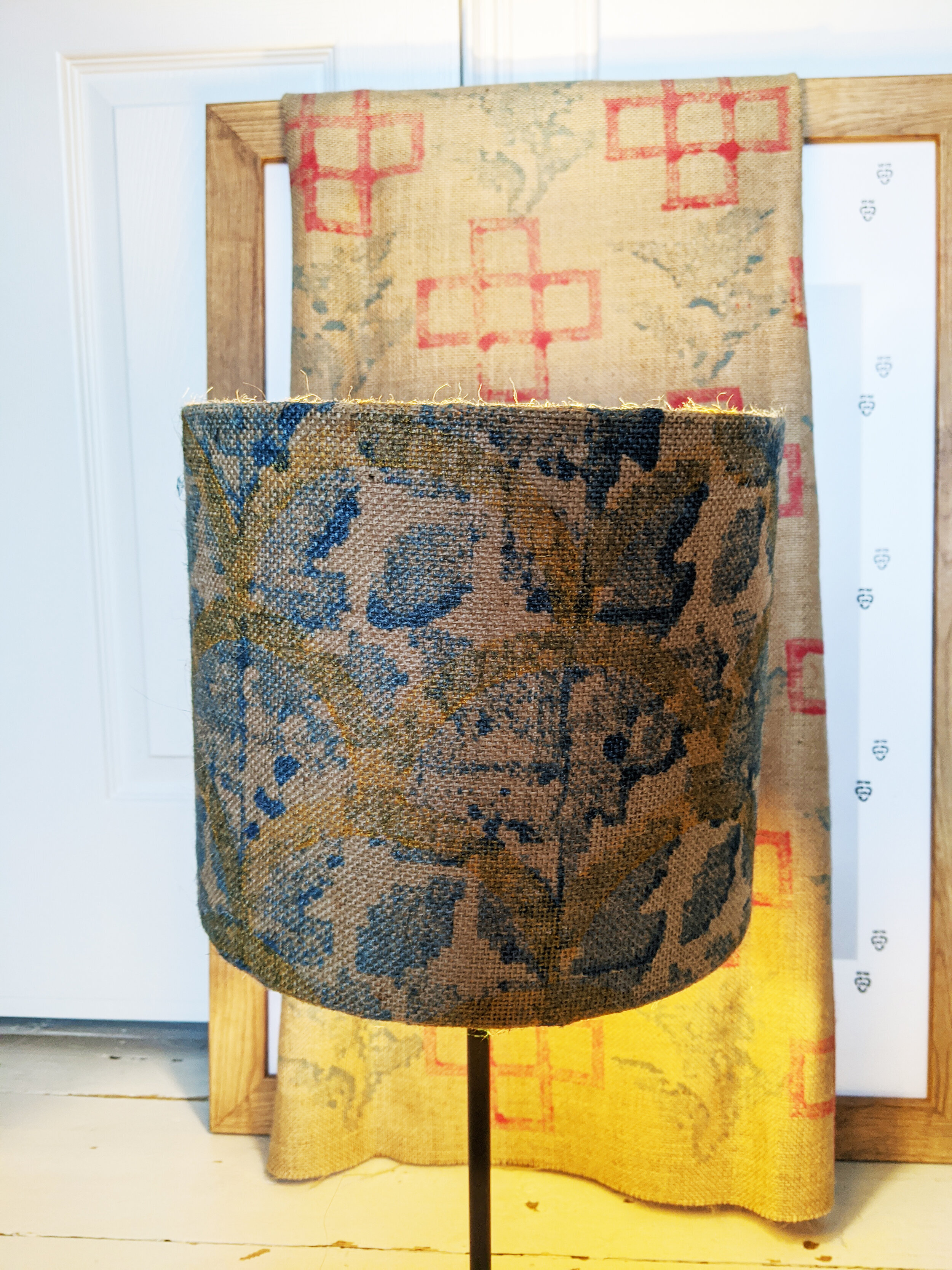 LUGAS gold lined lampshade with blue leaf and golden scallop print design