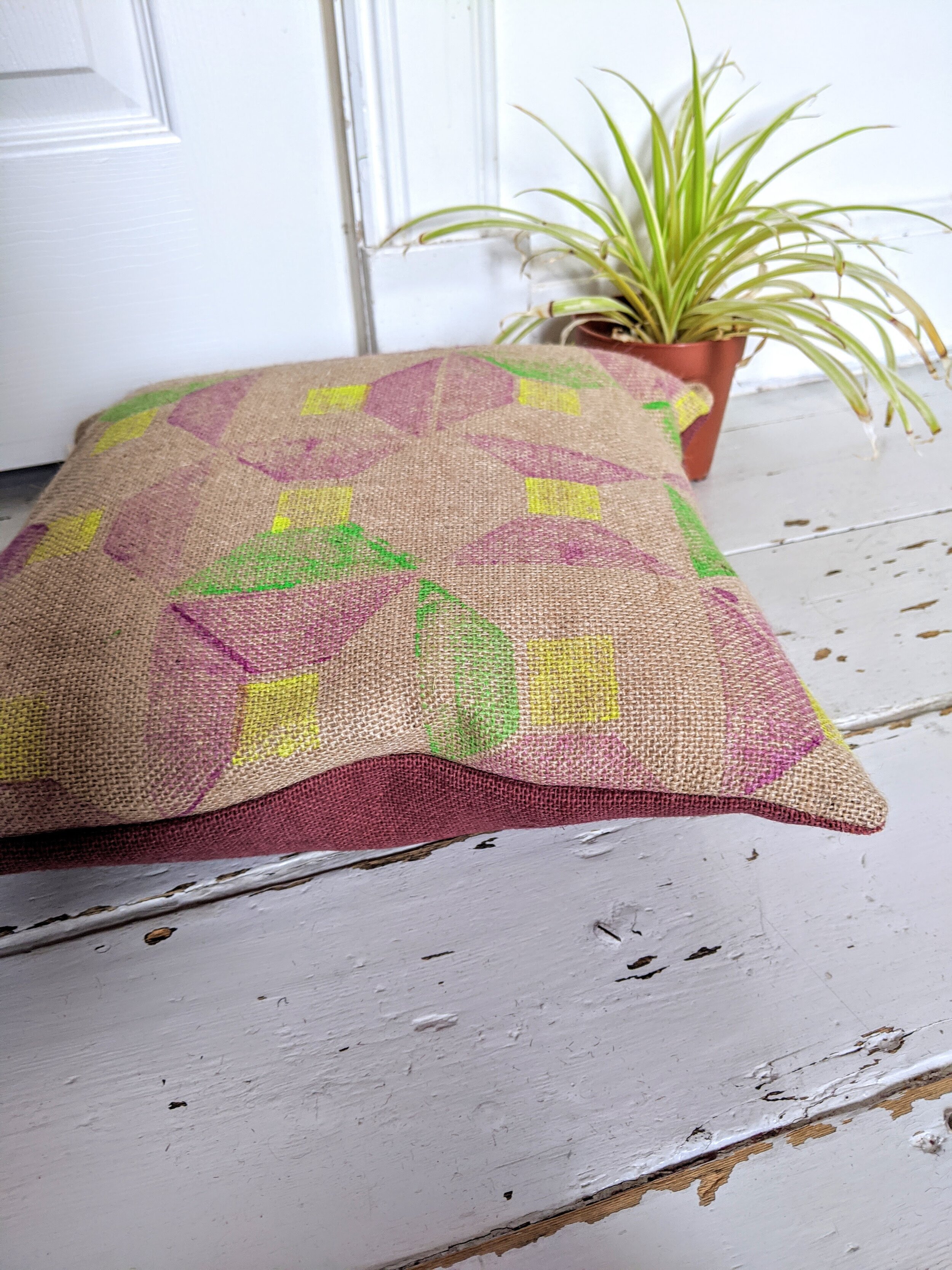 ABLAK purple geometric brutalist inspired block print on jute cushion