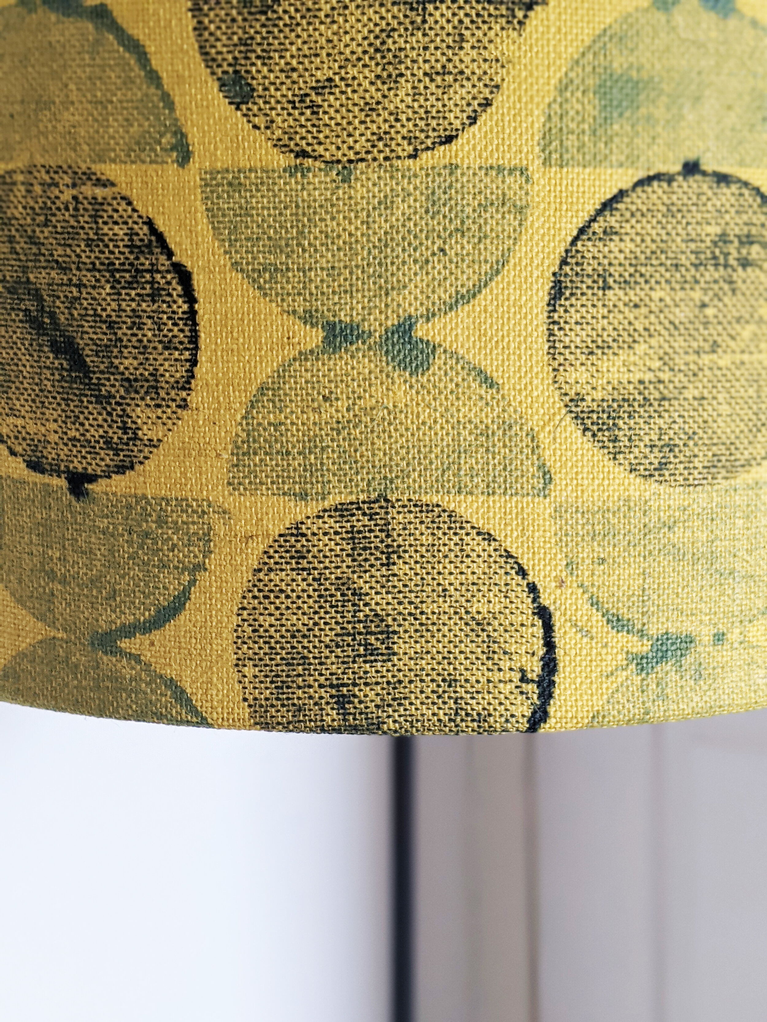 LUNA large drum lampshade with circle and semi circle blue print on yellow jute in modernist pattern design