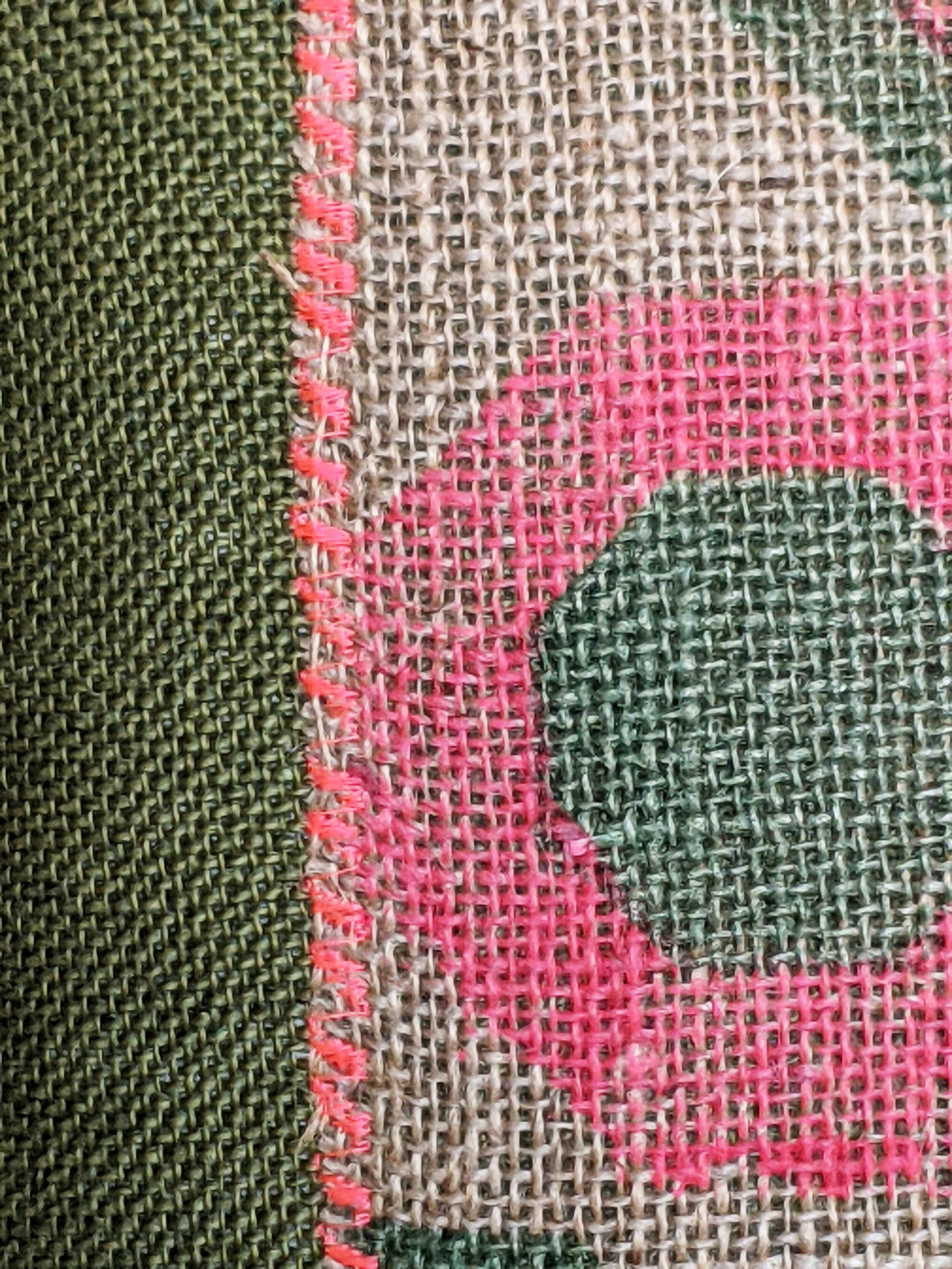 ÁLLOMÁS pink and olive green pattern design on natural hessian and khaki jute fabric with neon pink stitch