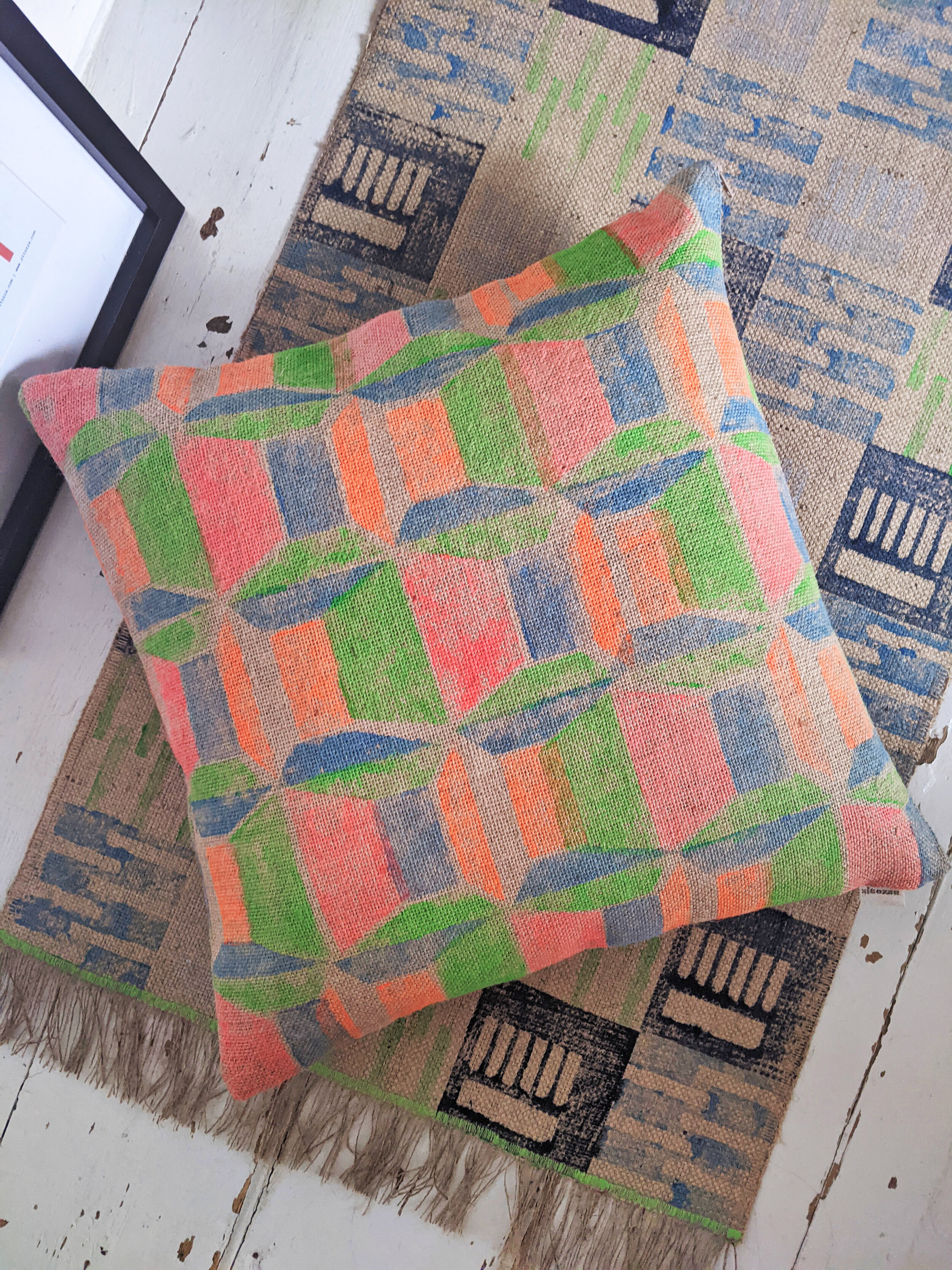 ABLAK square cushion hand block printed in bright colours in brutalism inspired geometric pattern