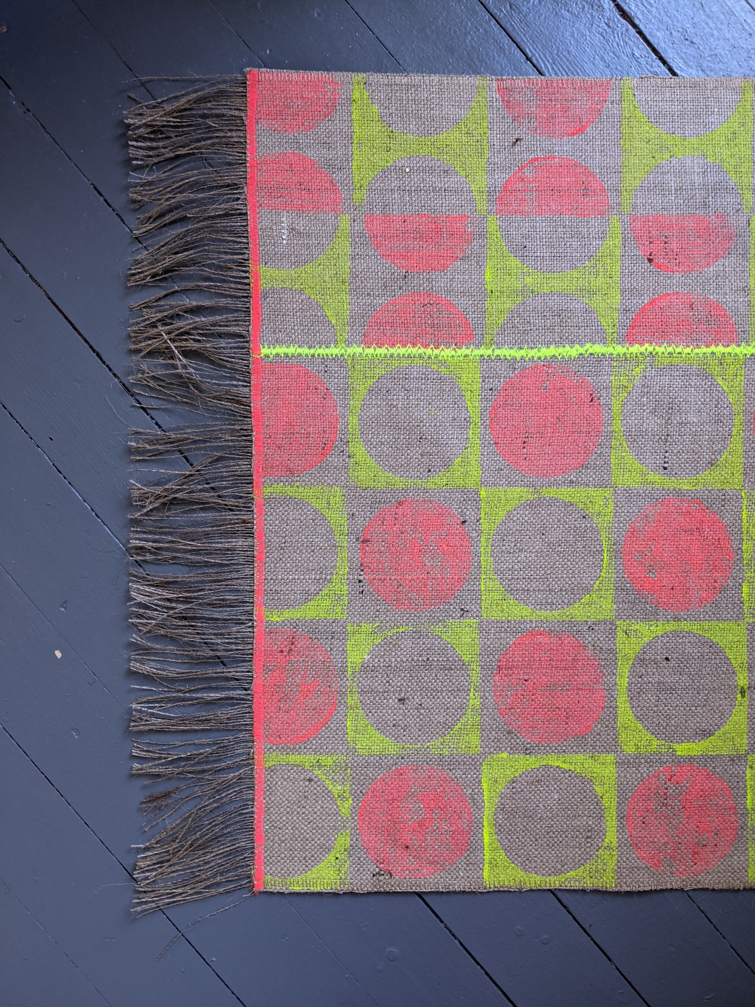 LUNA neon yellow and red geometric retro inspired small jute rug