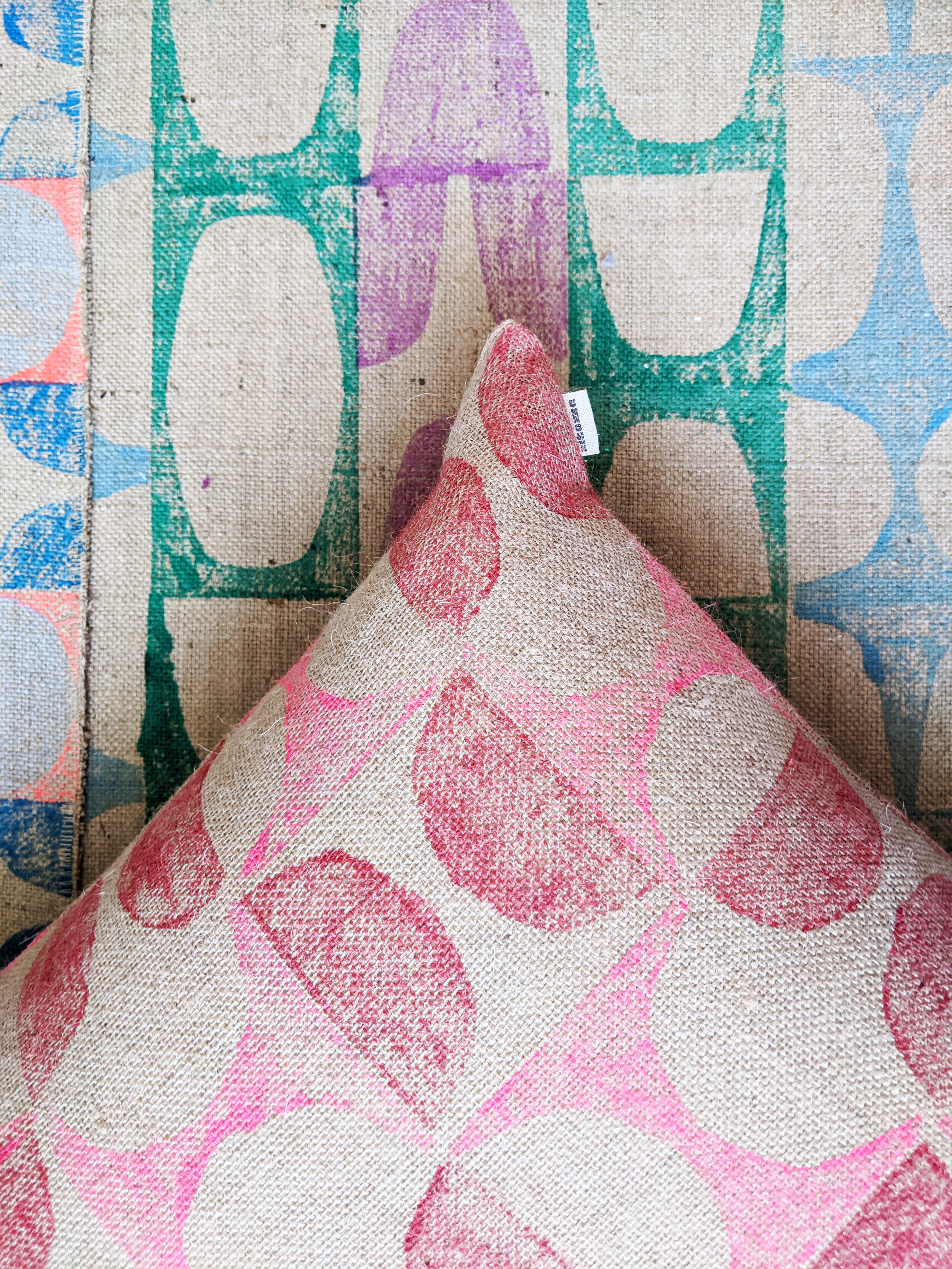1960s retro modernist and brutalist inspired pattern on hand block printed jute cushion and rug