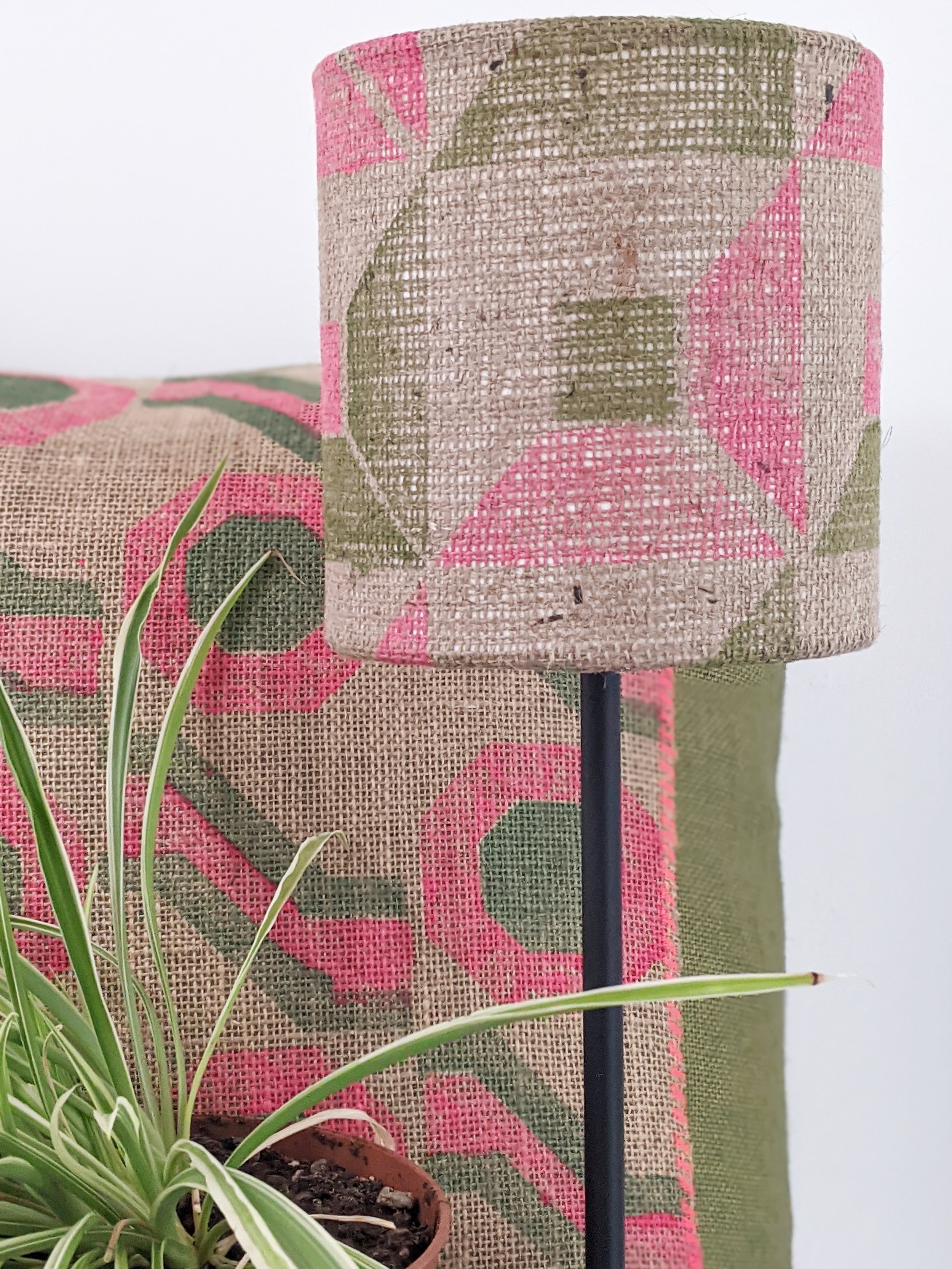 home interior decor scene with lampshade and cushion with abstract geometric prints