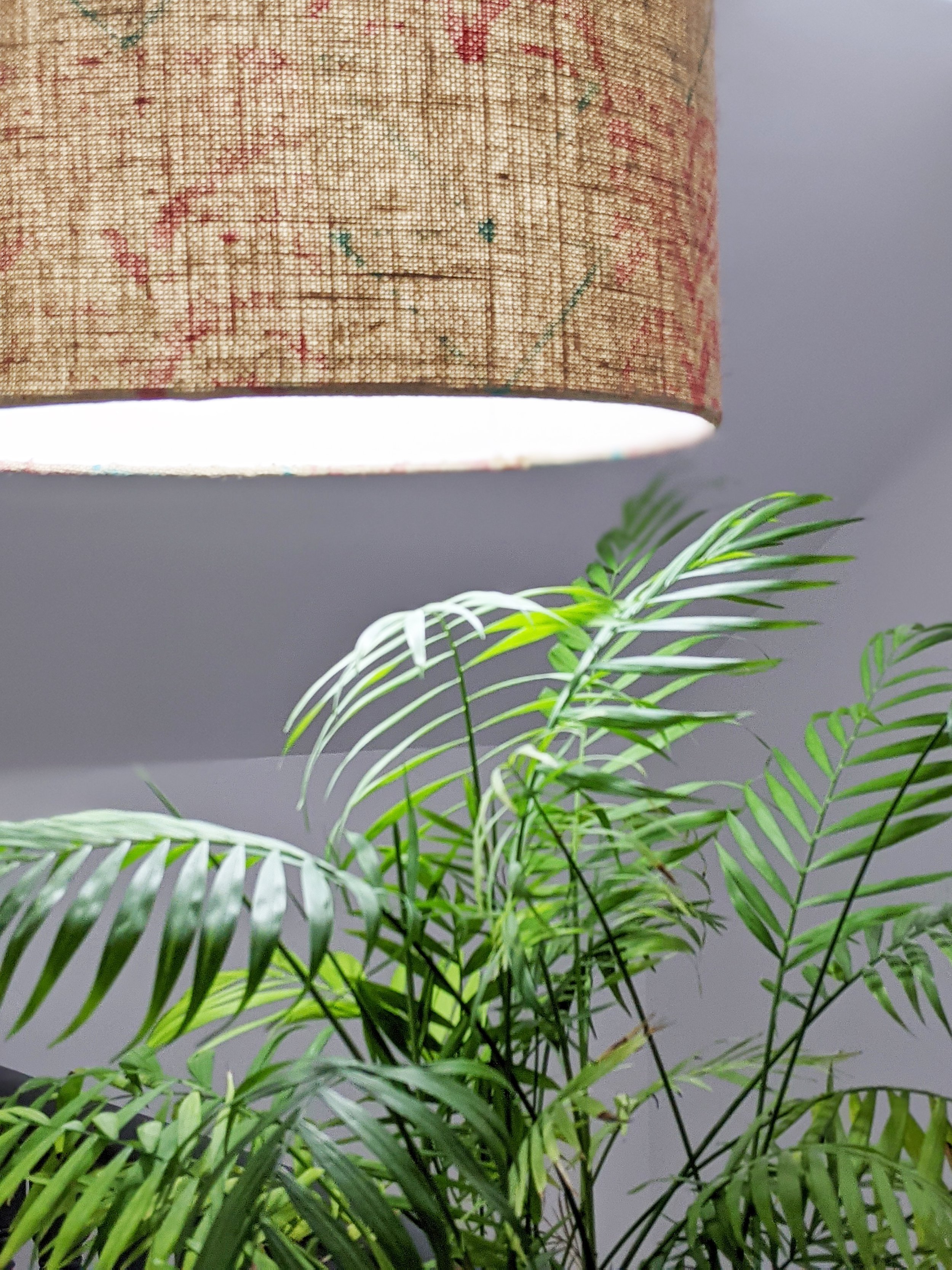 houseplant palm illuminated by jute lampshade with woven texture and printed pattern
