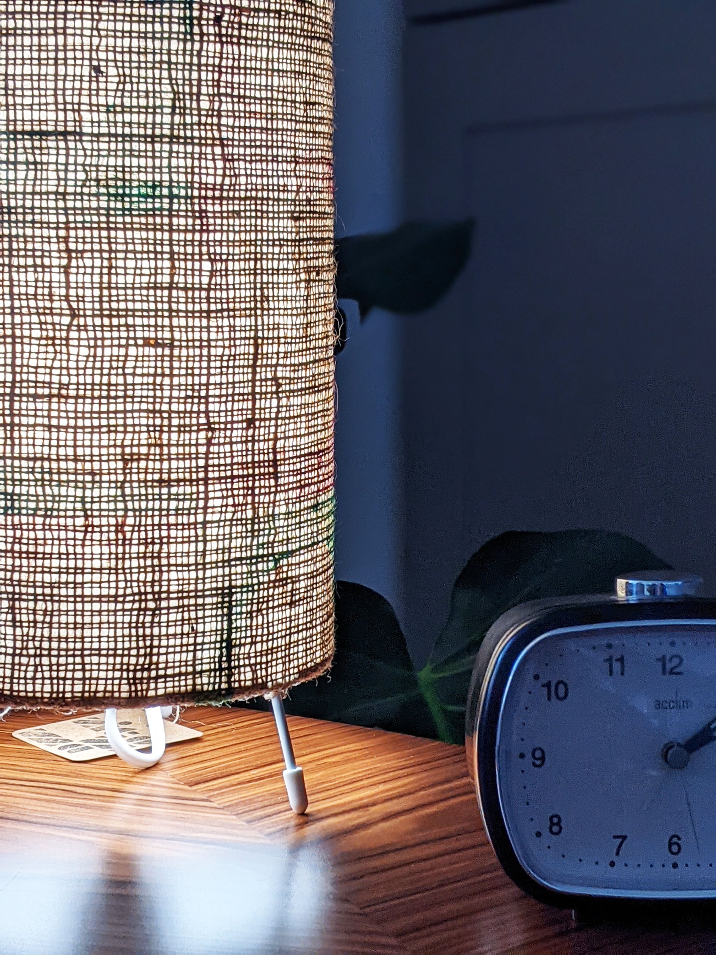 close-up of hessian lamp illuminated in dark room