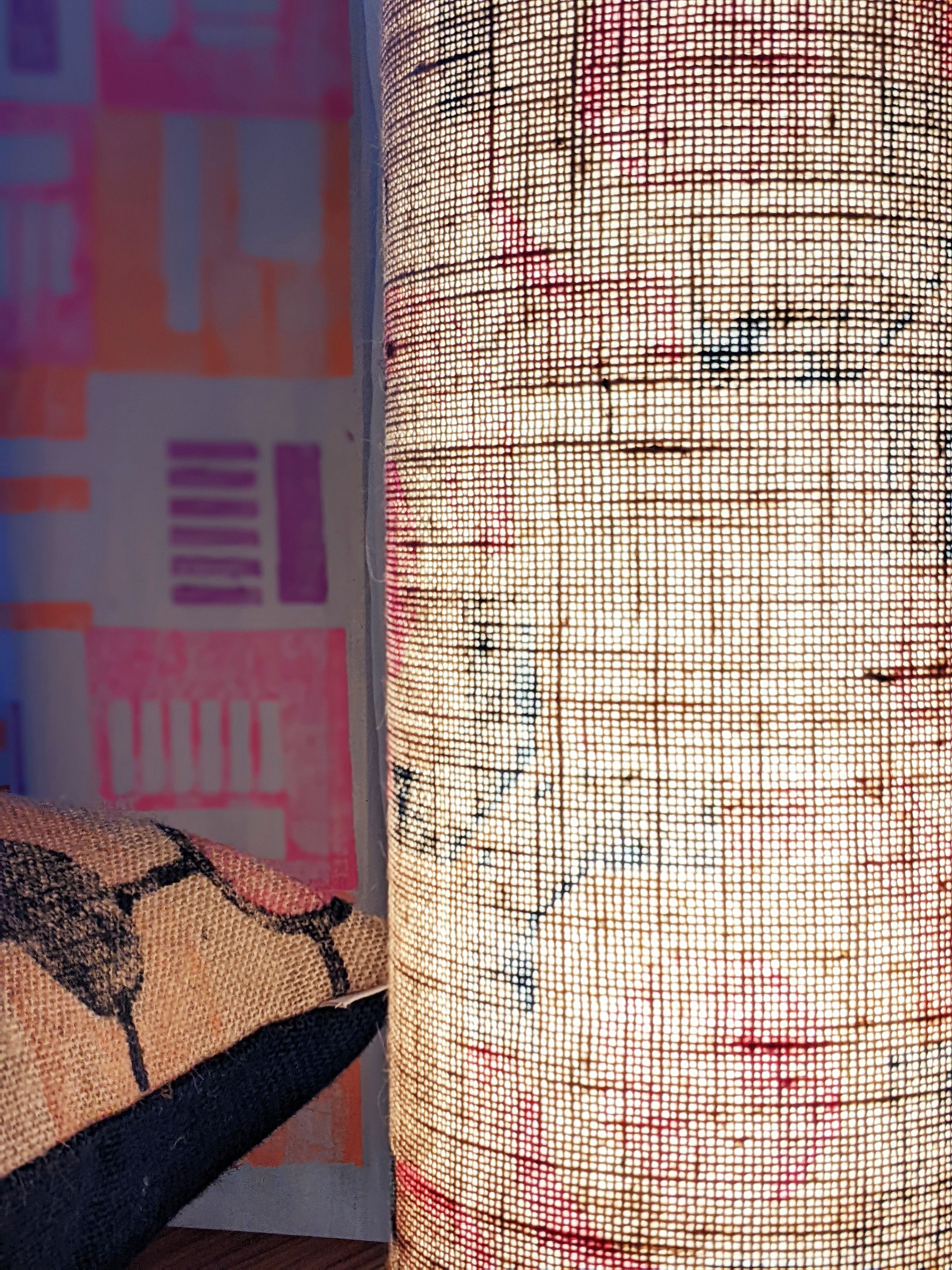 illuminated texture of hand block printed jute lamp